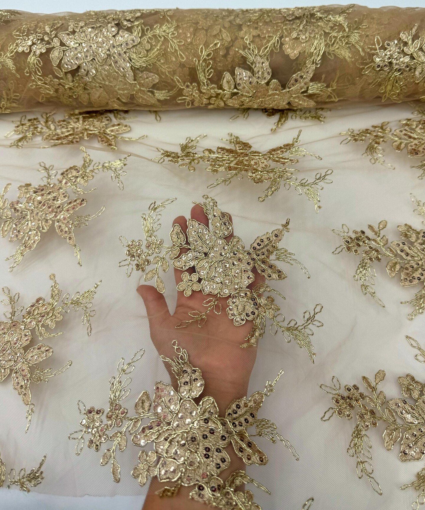 Champagne Sequin Embroidered Lace Fabric by the Yard, 54" Wide Floral Mesh Lace with Double Scalloped Edges