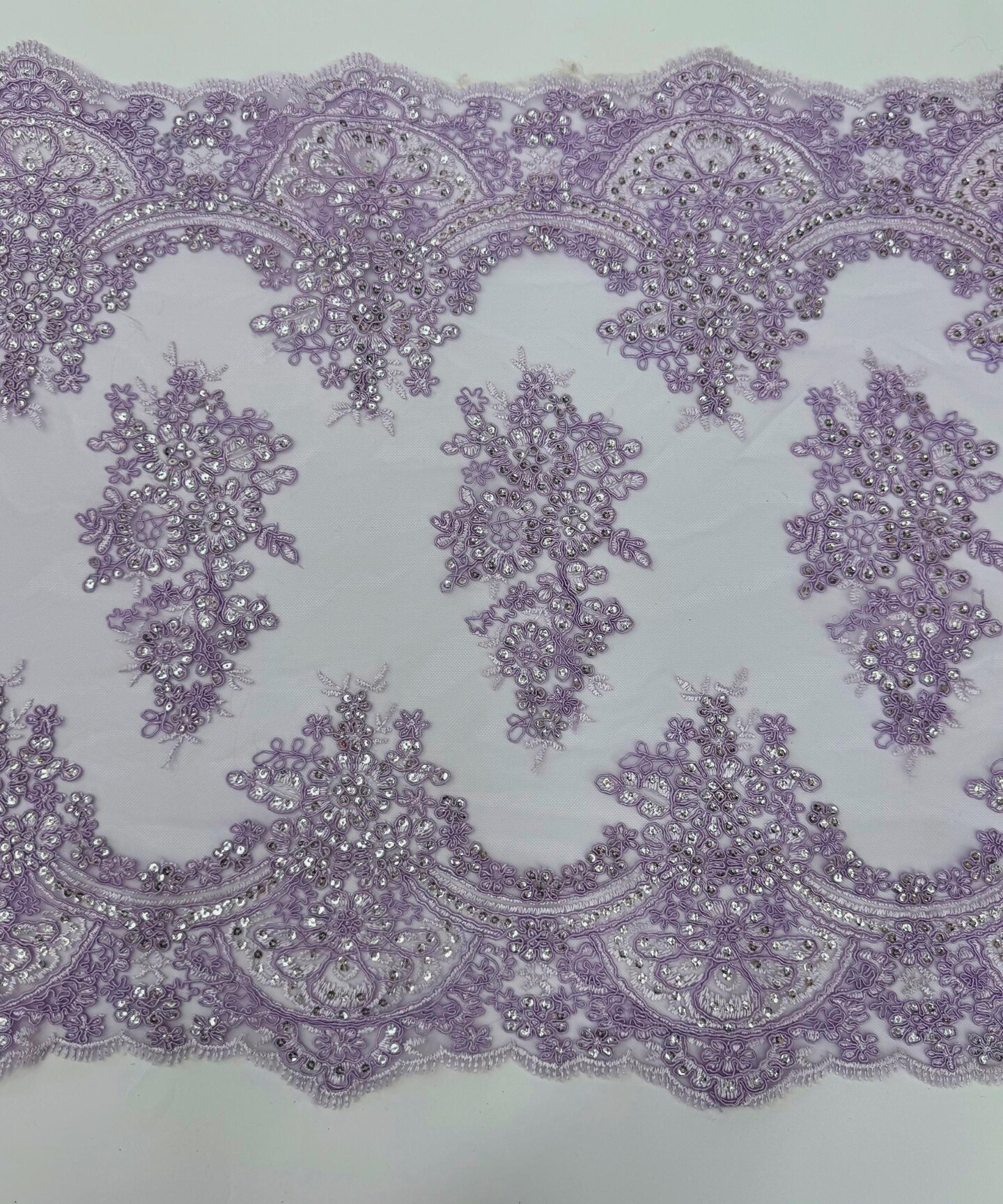 Lilac Embroidered Lace Table Runner by the Yard, 20" Wide Sequin Mesh Lace Trim with Scalloped Edges