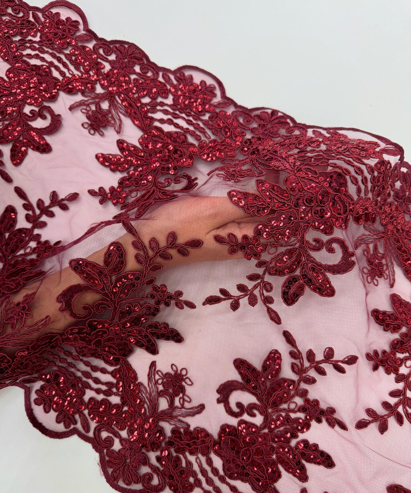 Burgundy Floral Embroidered Lace Table Runner by the Yard, 14" Wide Sequin Mesh Lace Trim with Scalloped Edges