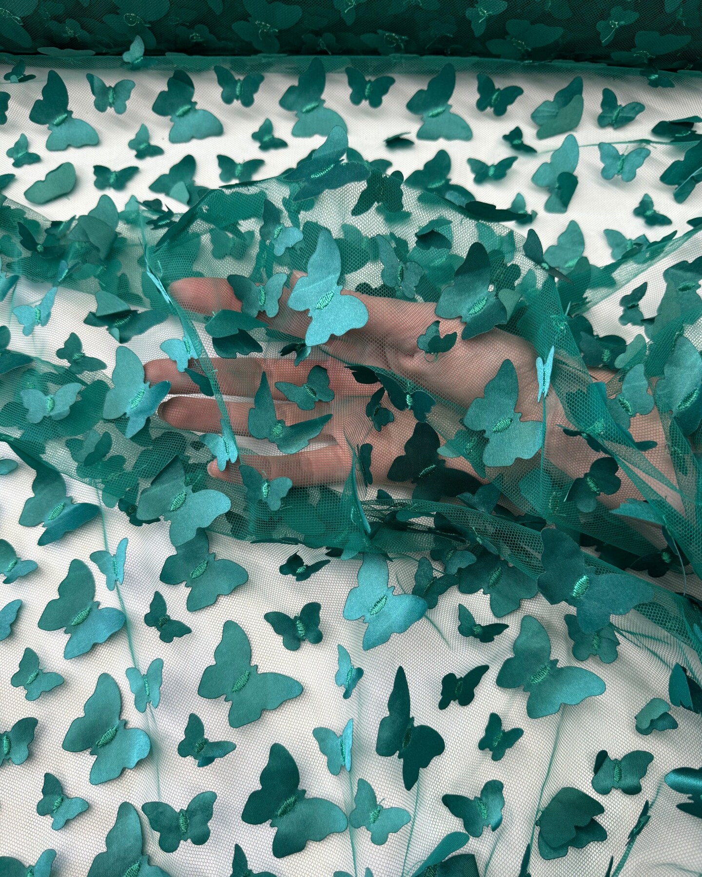 Emerald Green 3D Butterfly Nylon Tulle Fabric by the Yard, 63" Wide Soft Stretch Mesh Fabric for Veils, Wedding Dresses, Decor & Sewing