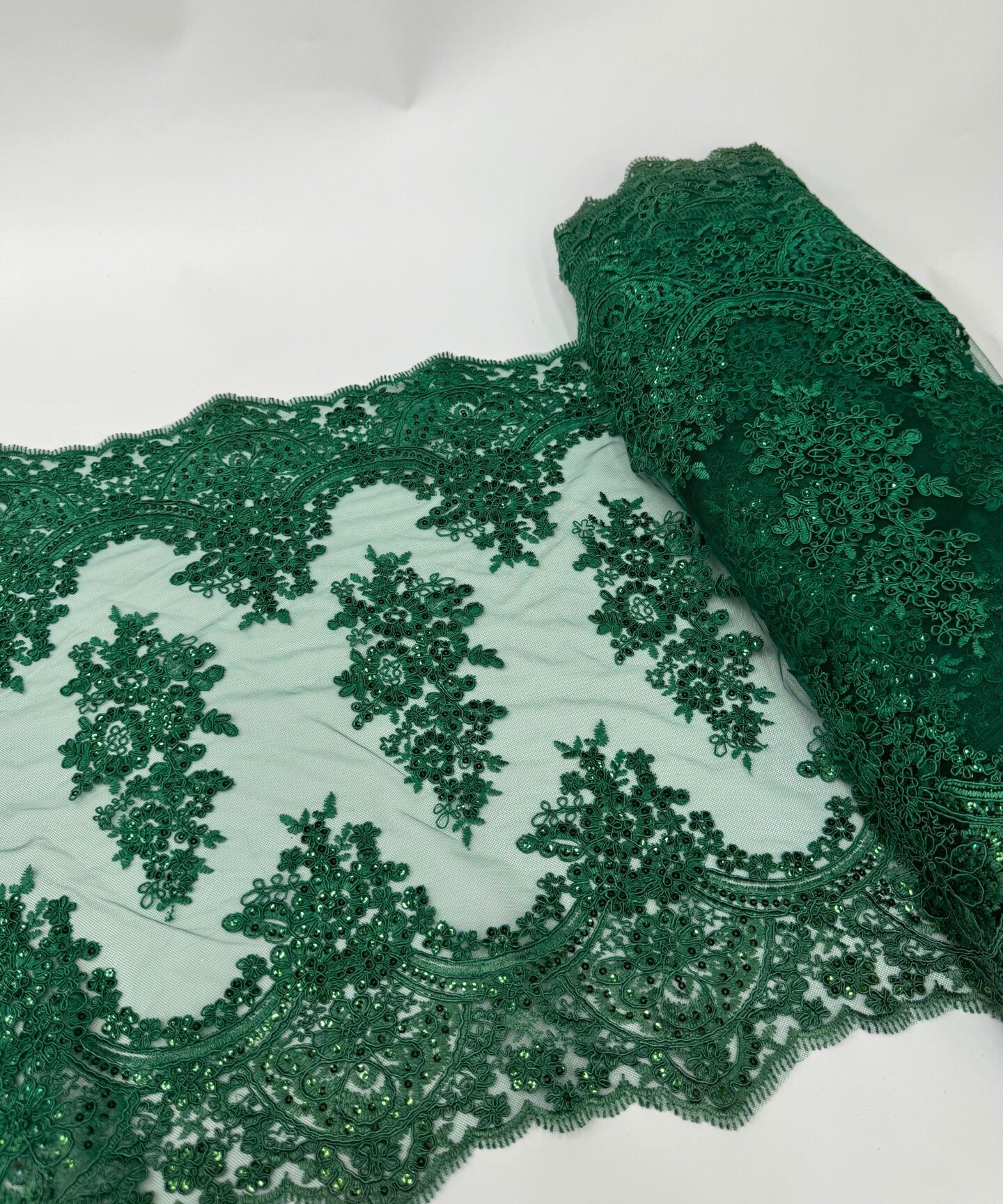 Hunter Green Embroidered Lace Table Runner by the Yard, 20" Wide Sequin Mesh Lace Trim with Scalloped Edges