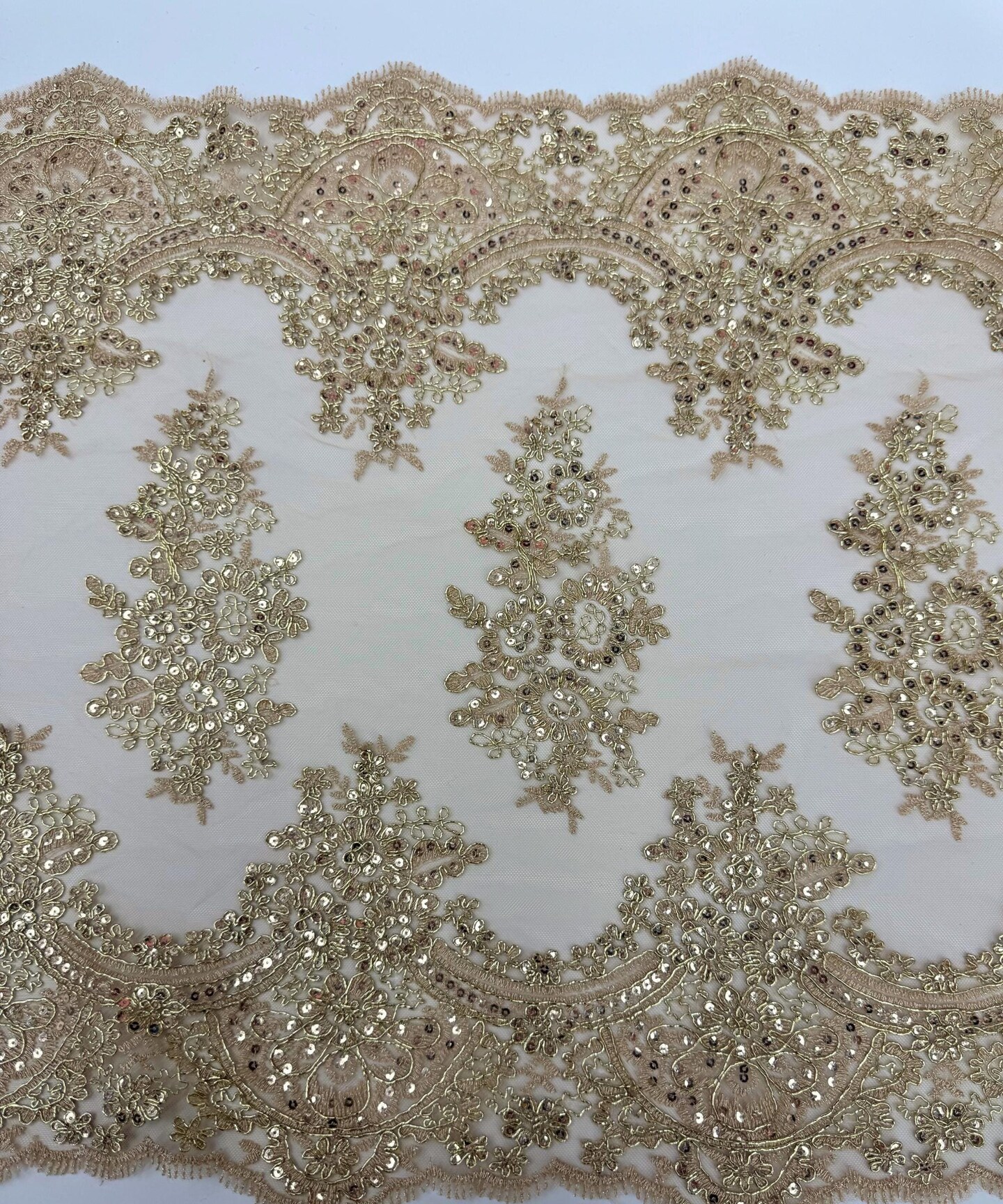 Gold Embroidered Lace Table Runner by the Yard, 20" Wide Sequin Mesh Lace Trim with Scalloped Edges