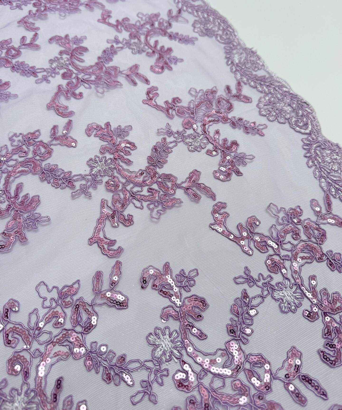 Lavender Sequin Embroidered Lace Fabric by the Yard, 54" Wide Floral Mesh Lace with Double Scalloped Edges