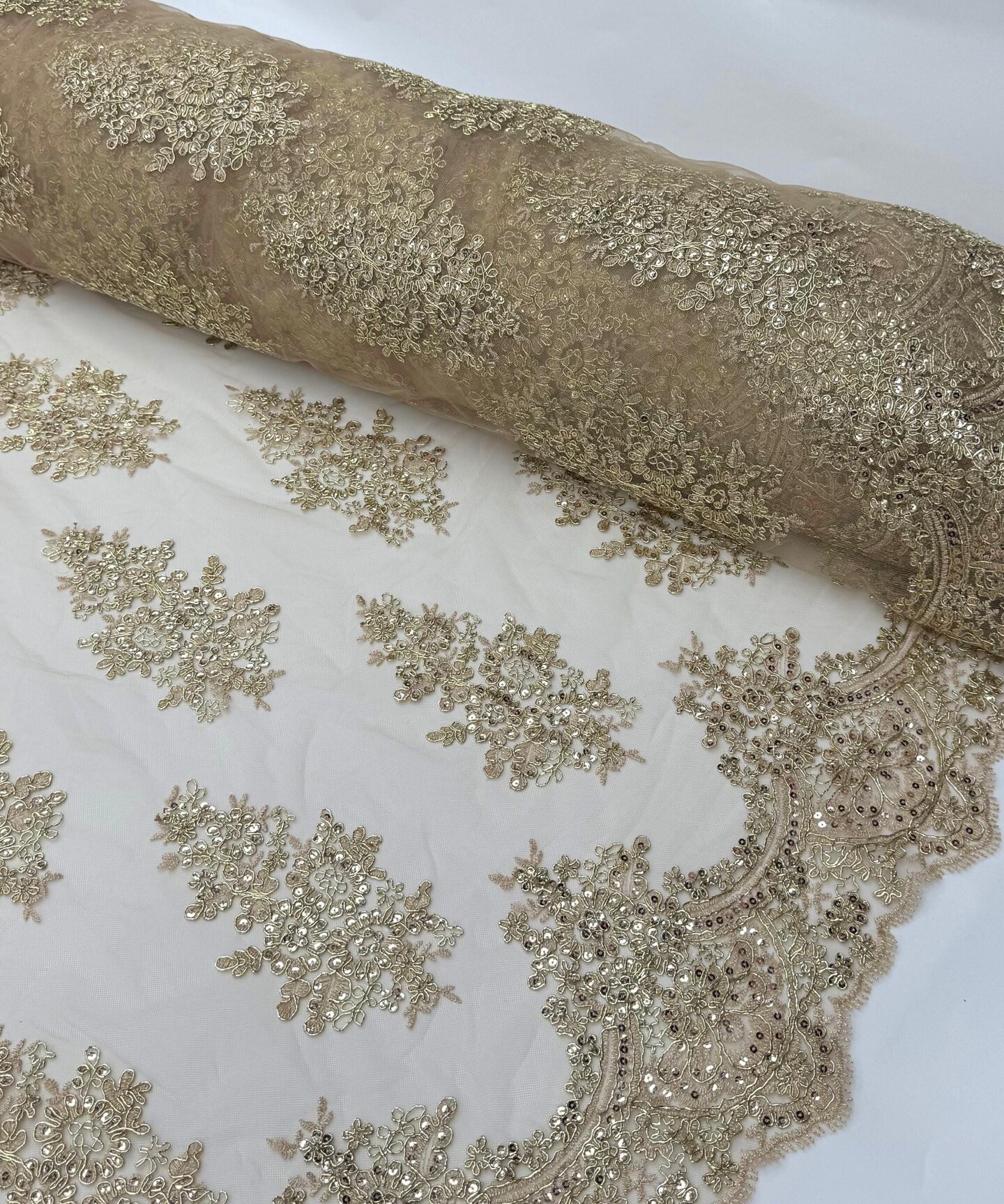 Champagne Sequin Embroidered Lace Fabric by the Yard, 54" Wide Floral Mesh Lace with Double Scalloped Edges