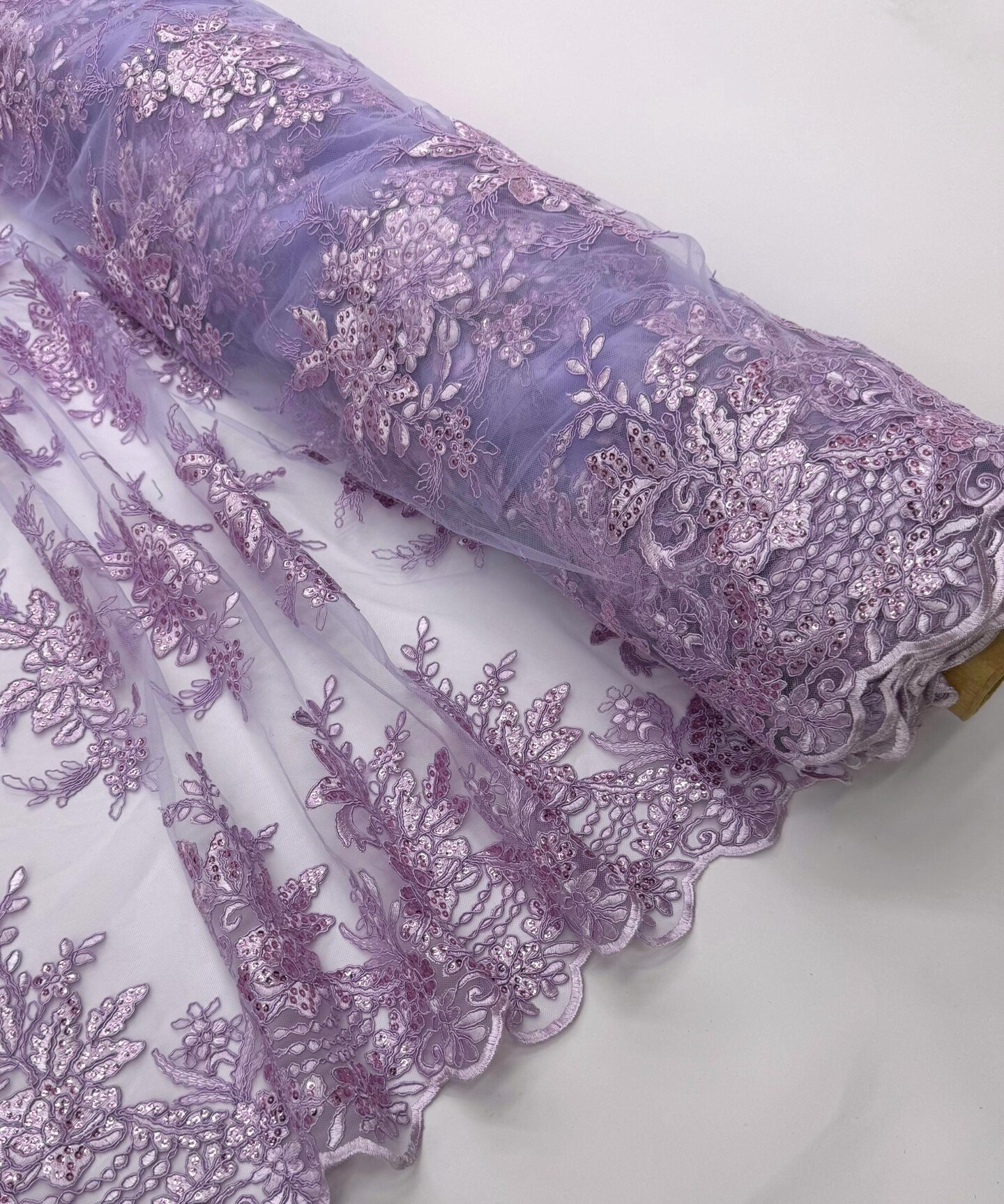 Lavender Sequin Embroidered Lace Fabric by the Yard, 54" Wide Floral Mesh Lace with Double Scalloped Edges