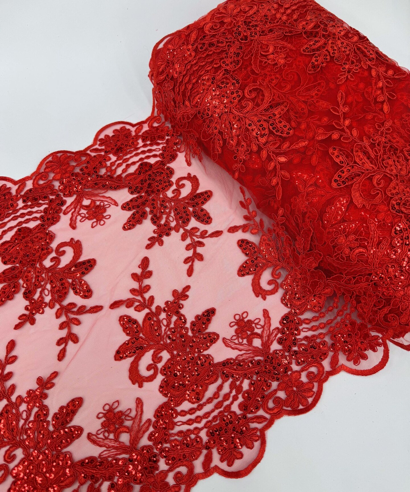 Red Floral Embroidered Lace Table Runner by the Yard, 14" Wide Sequin Mesh Lace Trim with Scalloped Edges