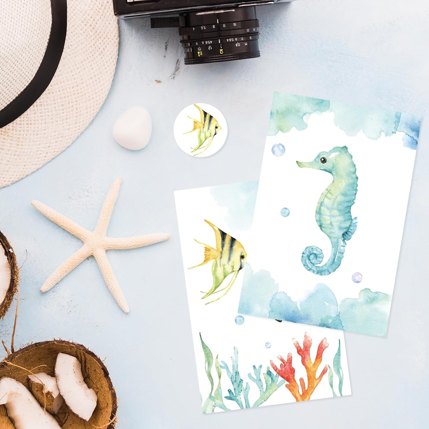 30 Pack Watercolor Ocean Greeting Cards Turtle Whale Jellyfish Stationery Cards with Envelopes Stickers Summer Sea Blank Note Cards for Party Invitation Supplies, 4 x 6 Inch