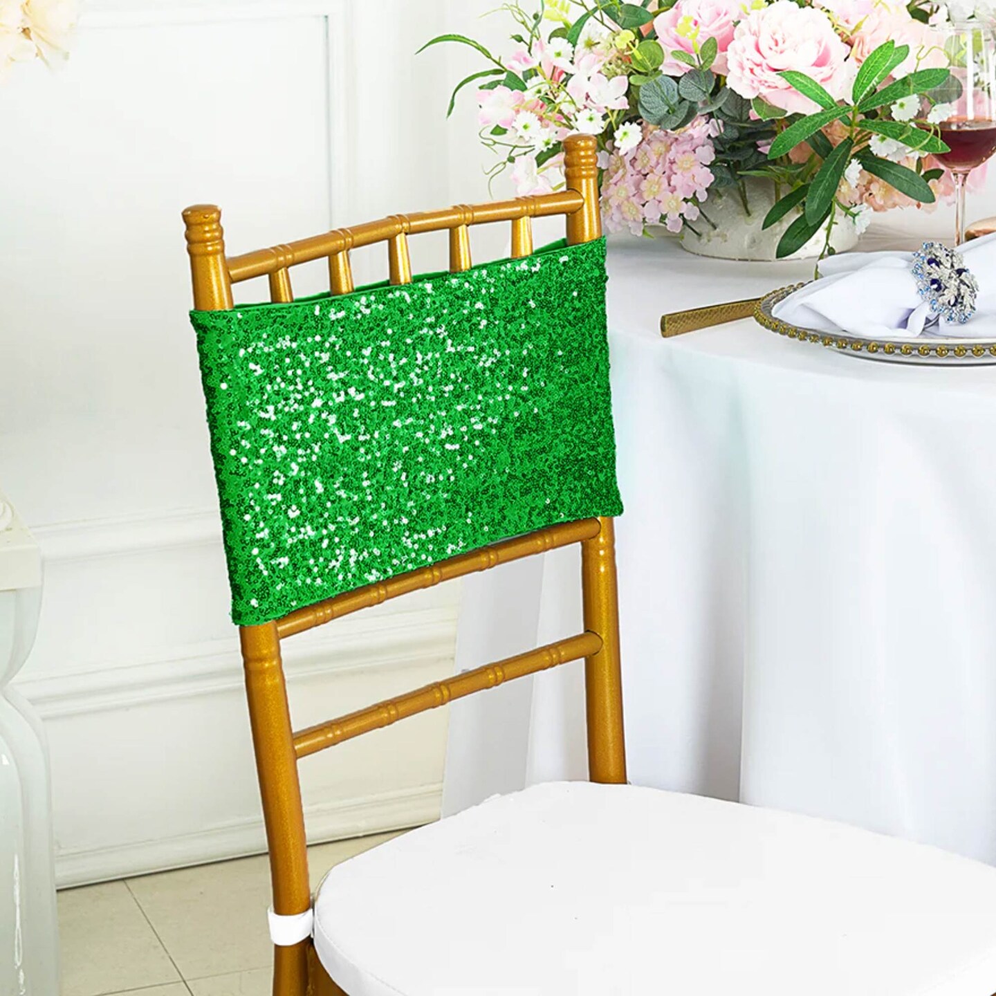 10 Pieces Radiant Emerald Green Sequin Stretch Spandex Chair Bands 7 x 13 Inches