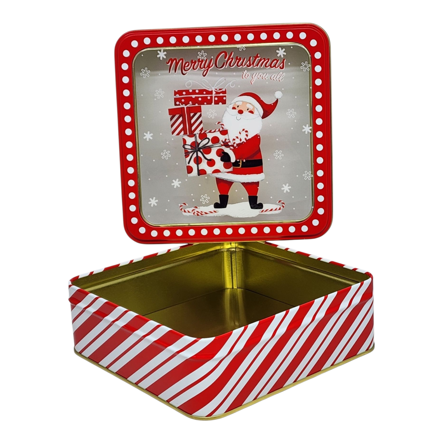Square Cookie Tin with Window - Merry Christmas Santa with Gifts
