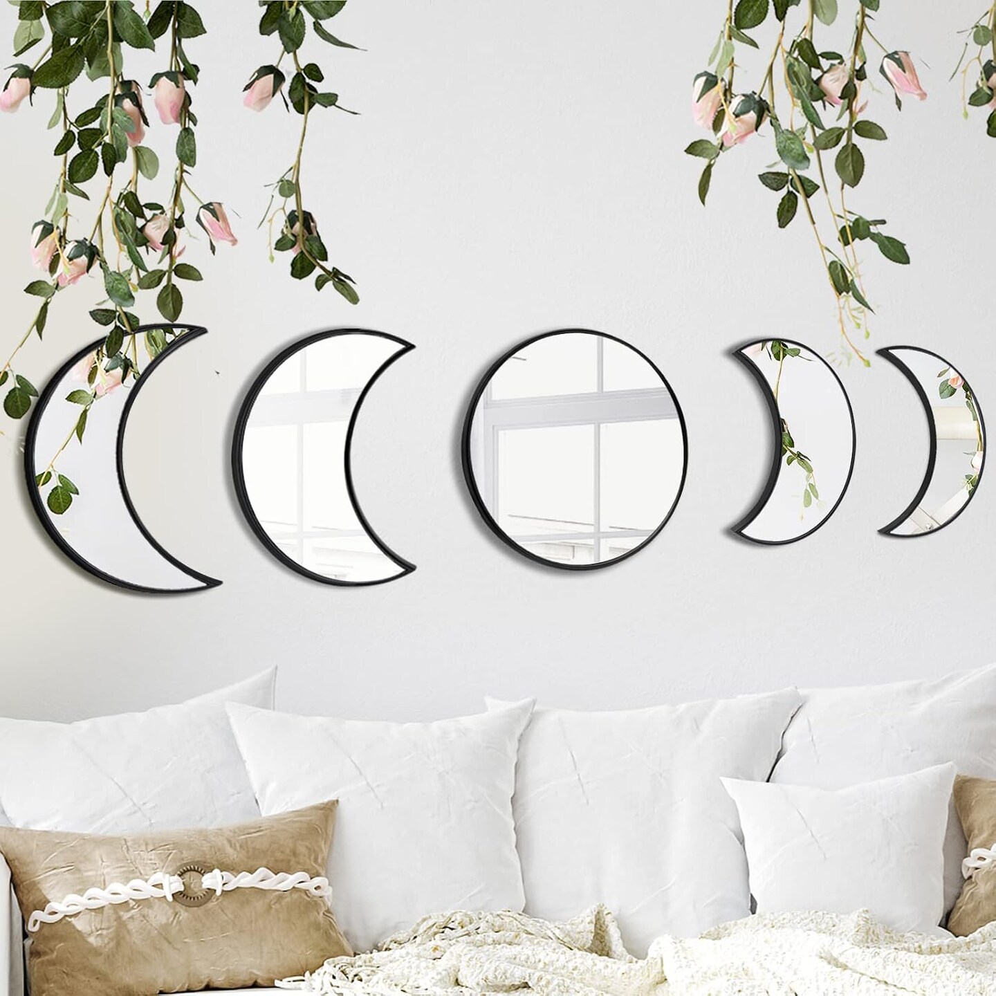 Boho Moon Phase Mirror Wall Decor Set, Celestial Glass Moon