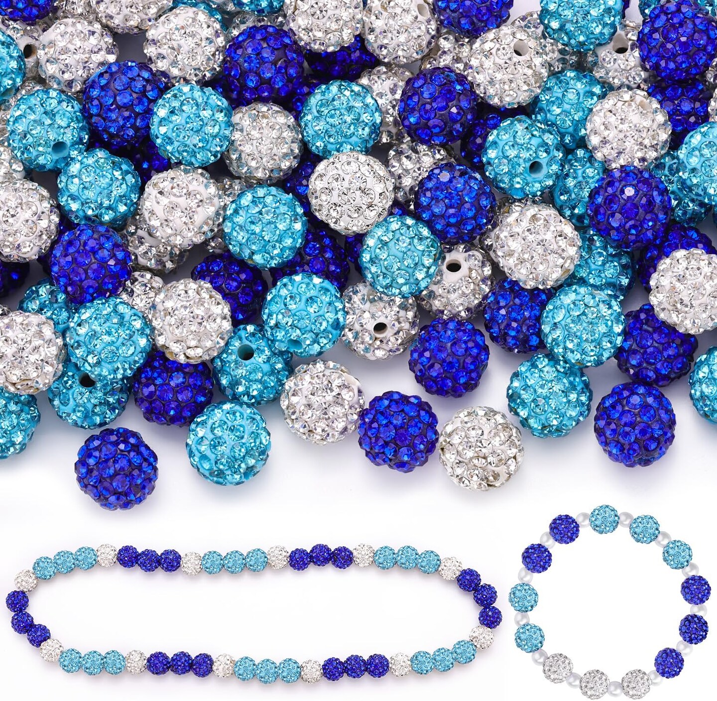 90Pcs 10mm Rhinestone Beads for Jewelry Making – Round Shamballa Crystal Clay Disco Beads in Aquamarine, Dark Blue & White for Bracelets, Necklaces, Earrings & DIY Crafts