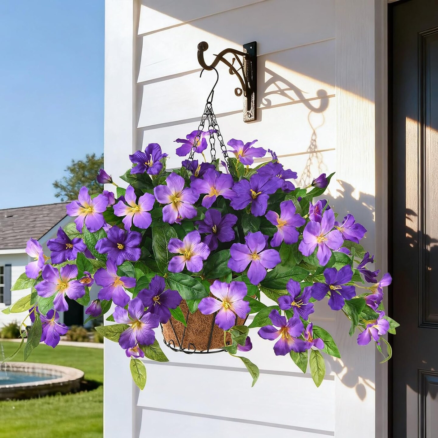 Artificial Hanging Flower Basket for Outdoors, UV Resistant Faux Silk Hanging Plants with Real Touch Flowers, Fake Outdoor Hanging Flowers for Front Porch Patio Balcony Garden Spring Summer Home Decor, Double Purple