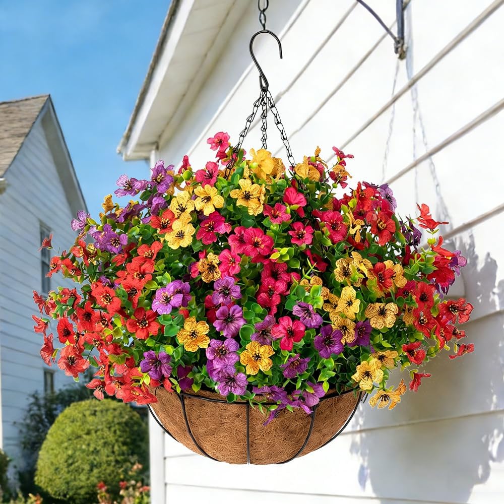 Artificial Hanging Flower Basket for Outdoors, UV Resistant Faux