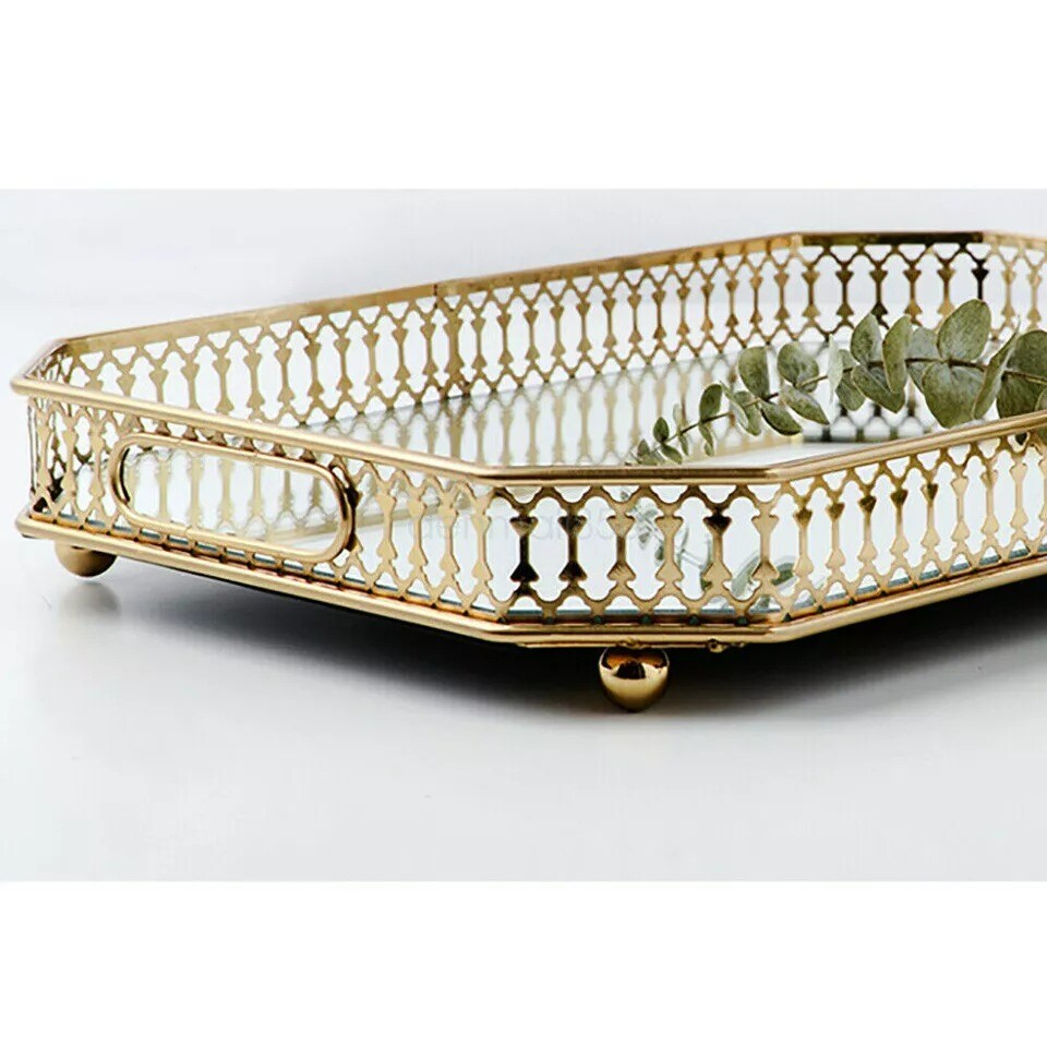 Vintage Mirrored Jewelry Tray Vanity Home Octagon Makeup Perfume Coffee Holder