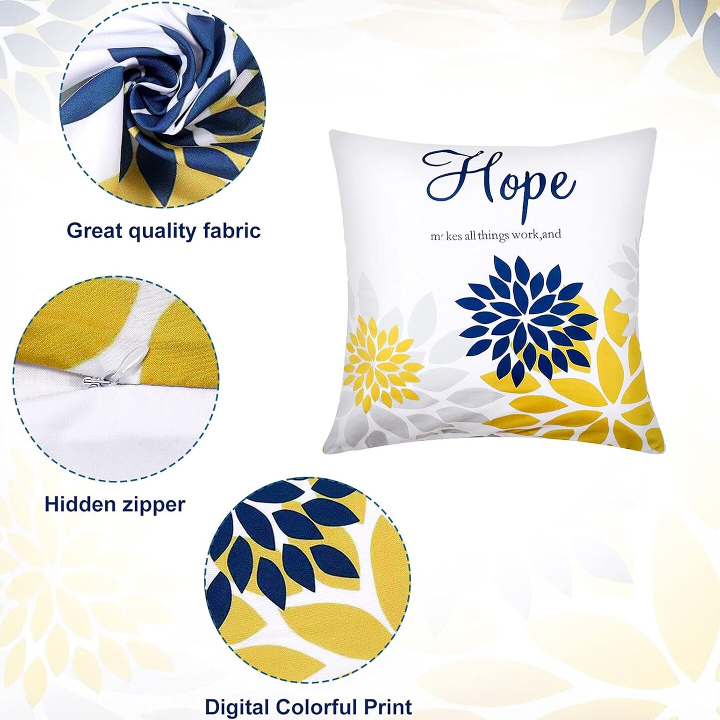 4 Pcs Yellow Flower Navy Pillow Covers Square Pillow Cushion Cases 18x18 Inch, Family Faith Hope Love Words Decorative Spring Summer Cushion Case for Sofa Bed(Yellow Series)