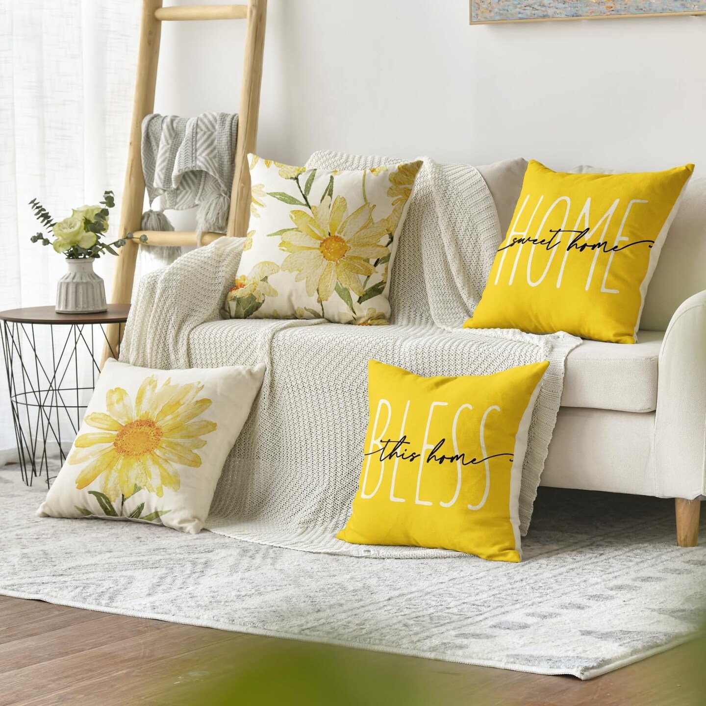 Home Sweet Home Spring Summer Flowers Yellow Throw Pillow Covers, 18 x 18 Inch Cushion Case for Sofa Couch Set of 4