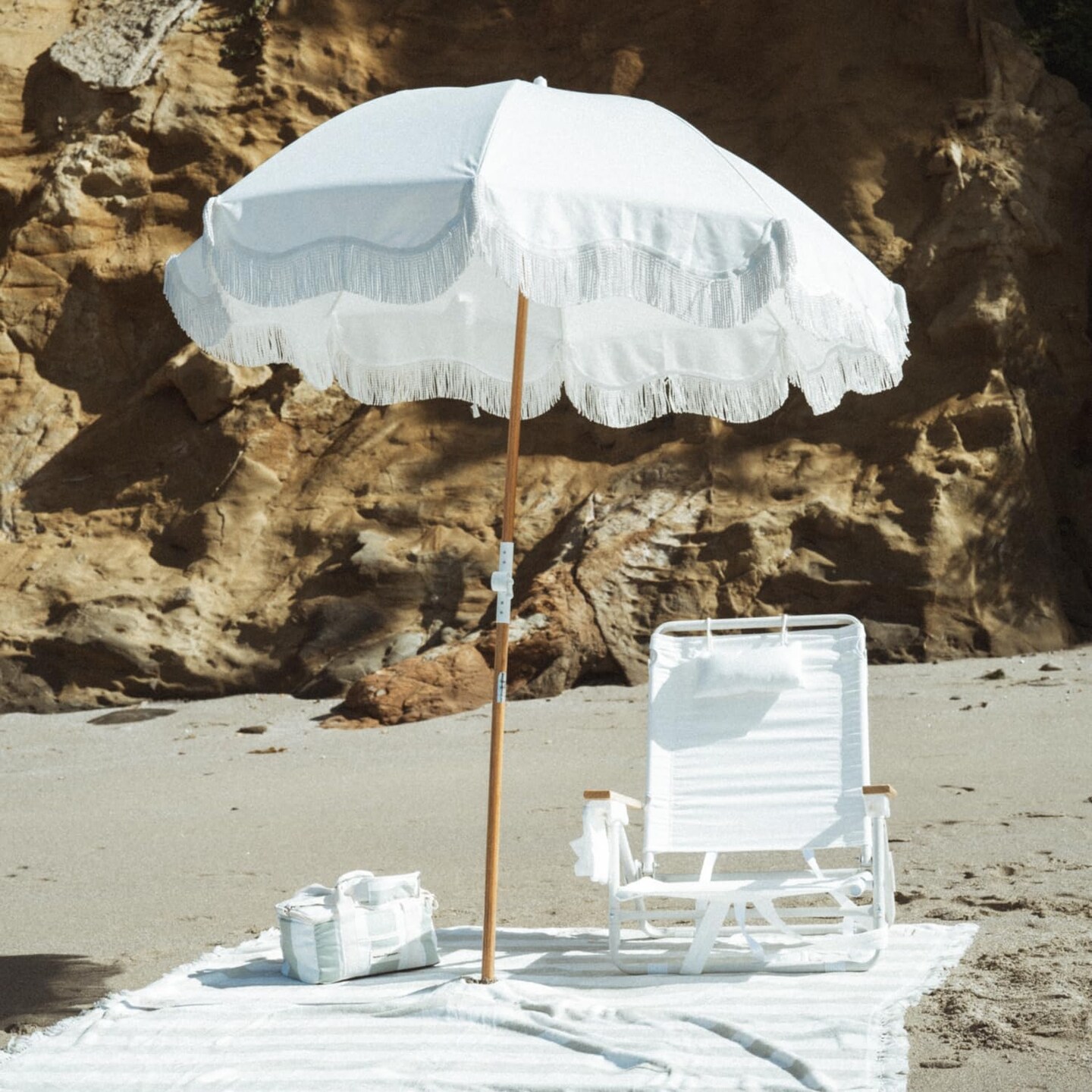 Summer Beach Umbrella with White Fringe, UPF 50+, 1&#x22; Tilting Wood Pole, 5&#x2019; x 6.5&#x2019;, Antique White