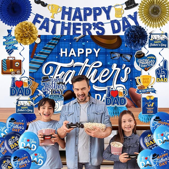 Happy Father's Day Decorations Set - Fathers Day Banner, Backdrop, Balloons, Honeycombs, Hanging Swirls, Cake Topper, Pom Poms and Paper Fans for Best Dad Father's Birthday Party Supplies