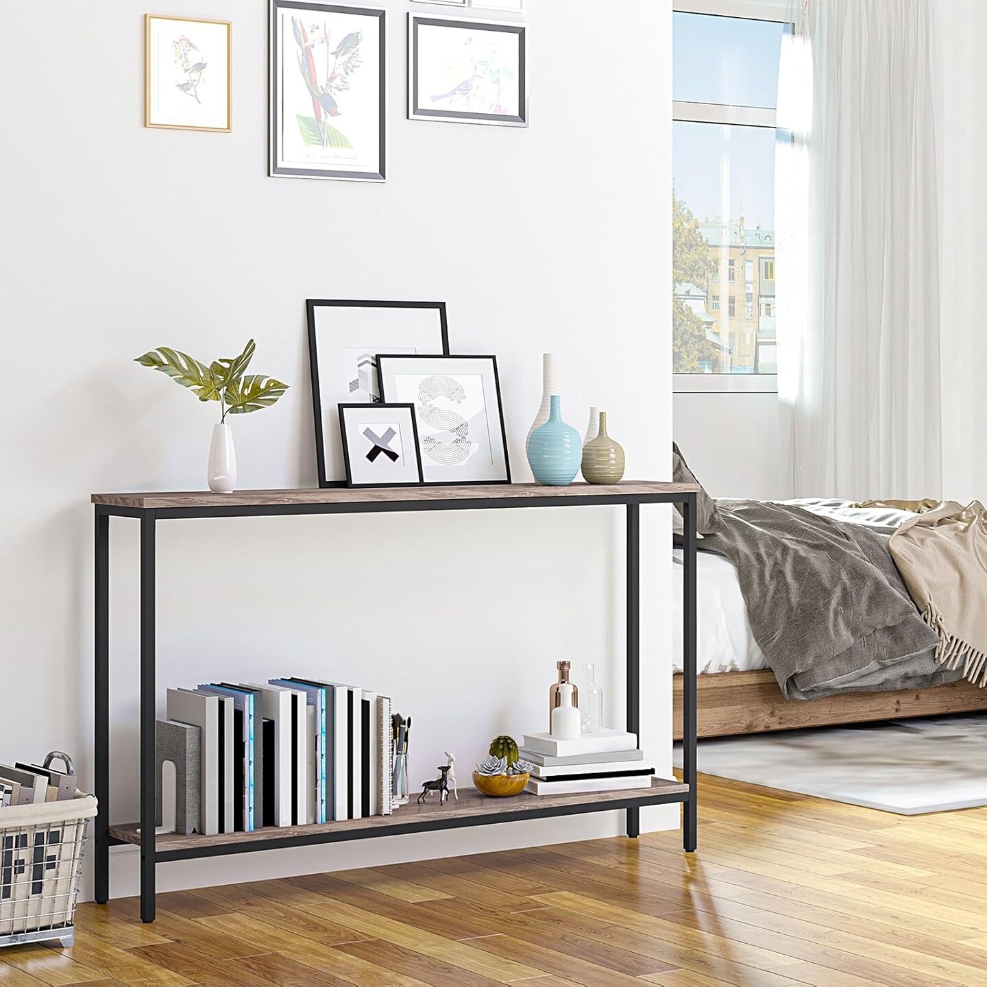 Greige Black Metal Console Table with Double Shelf Sofa Stand
