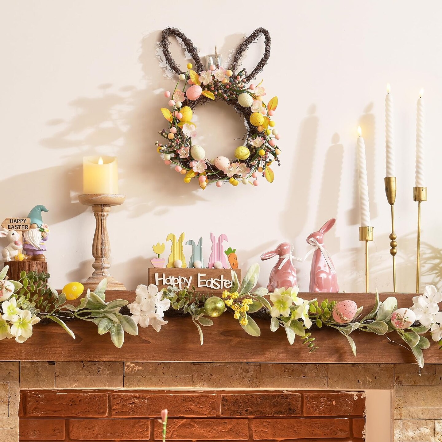 16'' Pre-Lit Easter Bunny Wreath – Front Door & Wall Spring Decoration with Pastel Eggs, Berries, and LED Lights, Farmhouse Holiday Home Decor