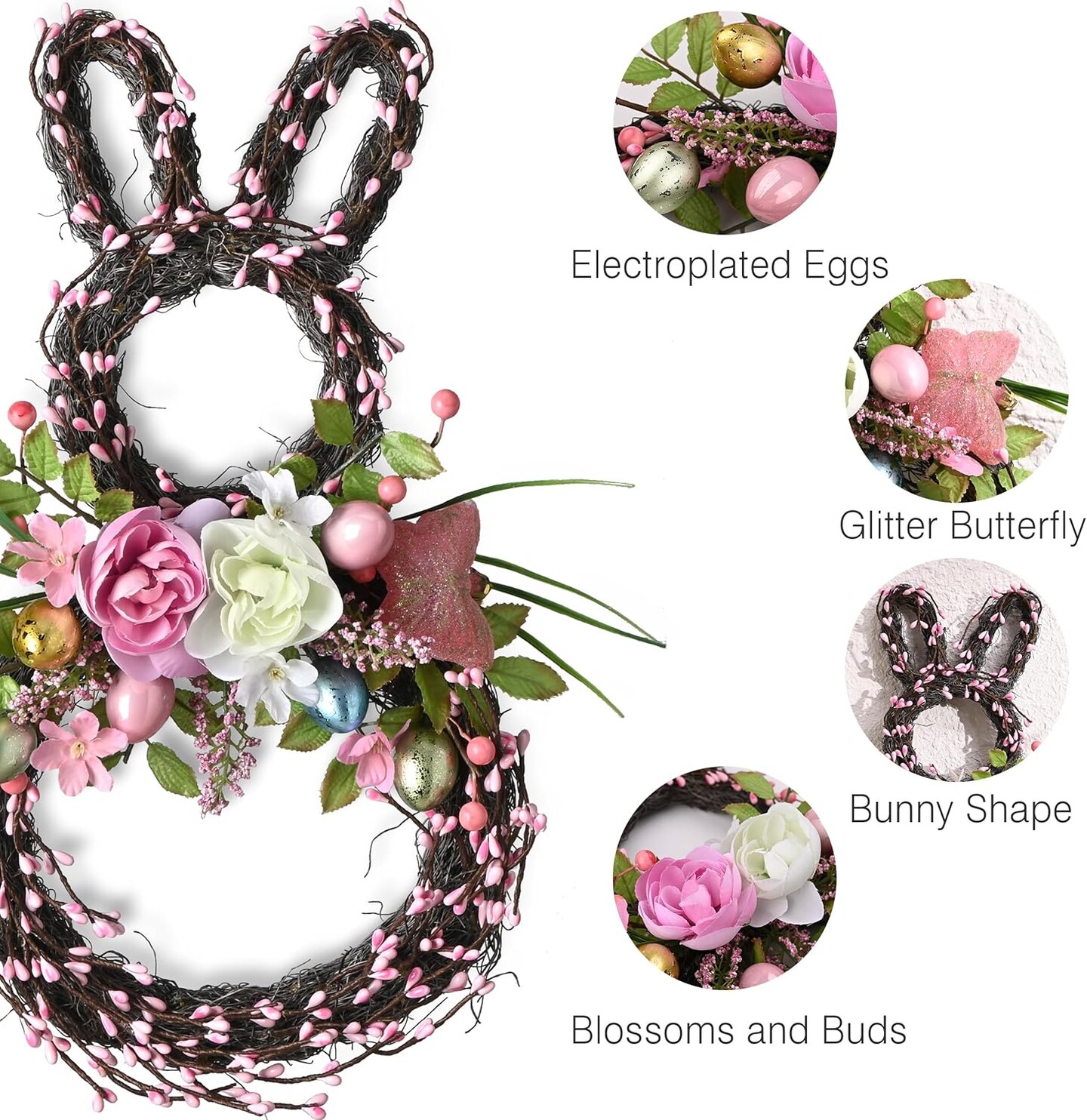 18-Inch Easter Bunny Wreath for Front Door – Spring Door & Wall Decor with Pastel Eggs, Peony Flowers, and Mixed Twigs