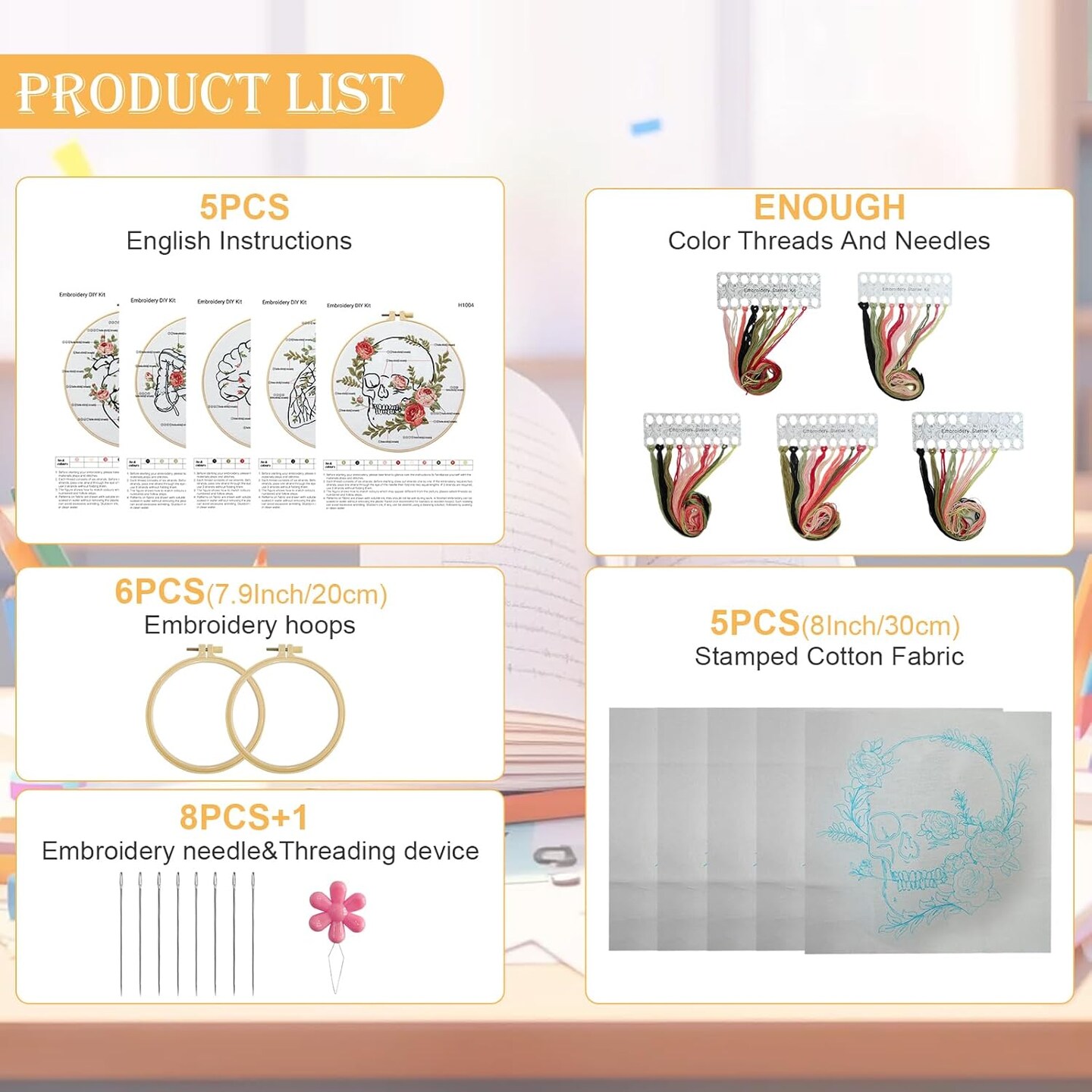 Skull & Anatomy Embroidery Kit for Beginners – 5 Floral Stamped Patterns with Hoops, Needles, and Threads – DIY Needlepoint Set for Adults, Doctors & Nurses
