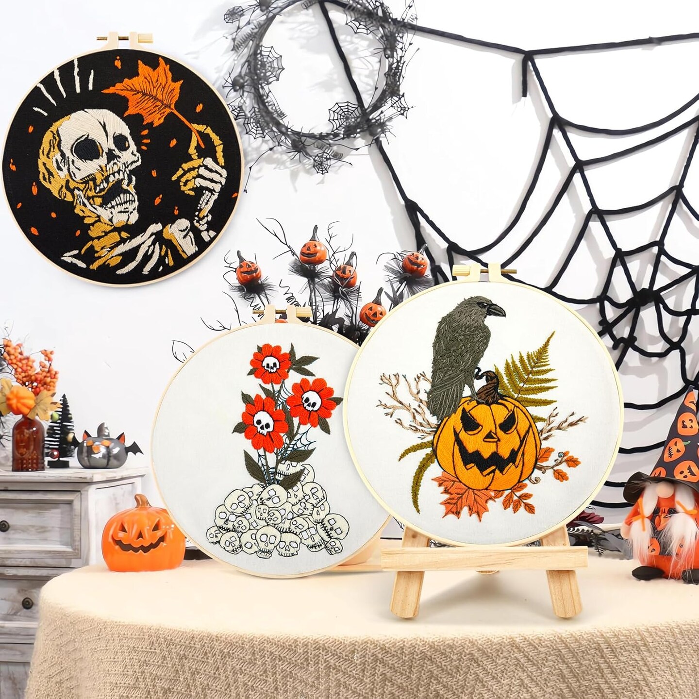 Gothic Halloween Embroidery Kit for Beginners – Stamped Cross Stitch Needlepoint Set with 3 Hoops, Pumpkin, Skull & Raven Designs, Includes Threads, Needles & Video Tutorial QR Code (White)