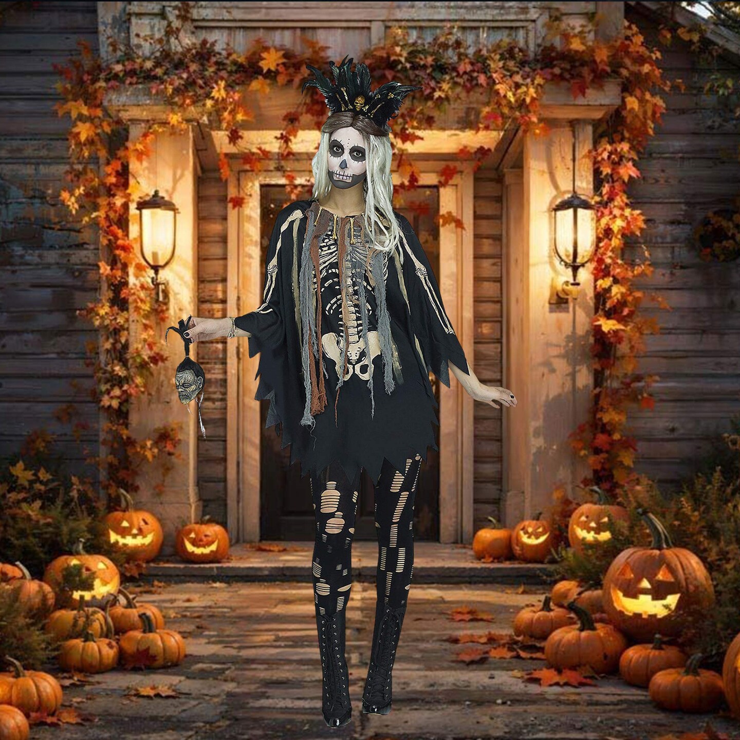 Spooky Voodoo Skeleton Poncho Costume