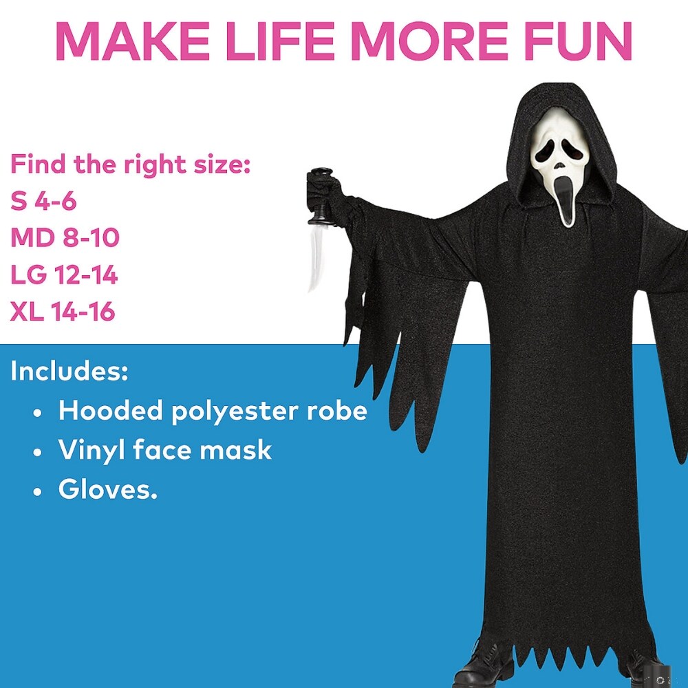 Ghost Face 25th Anniversary Child Costume Halloween Scream Hooded Robe Mask Gloves Large Size
