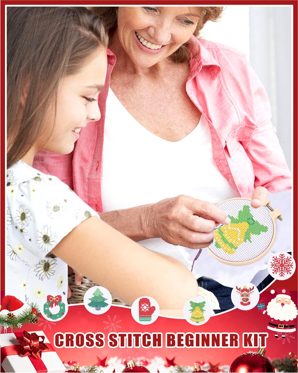 Christmas Cross Stitch Beginner Kits for Kids 7-13, Includes 6pcs Project Cross Stitch Pattern and 2pcs Hoops