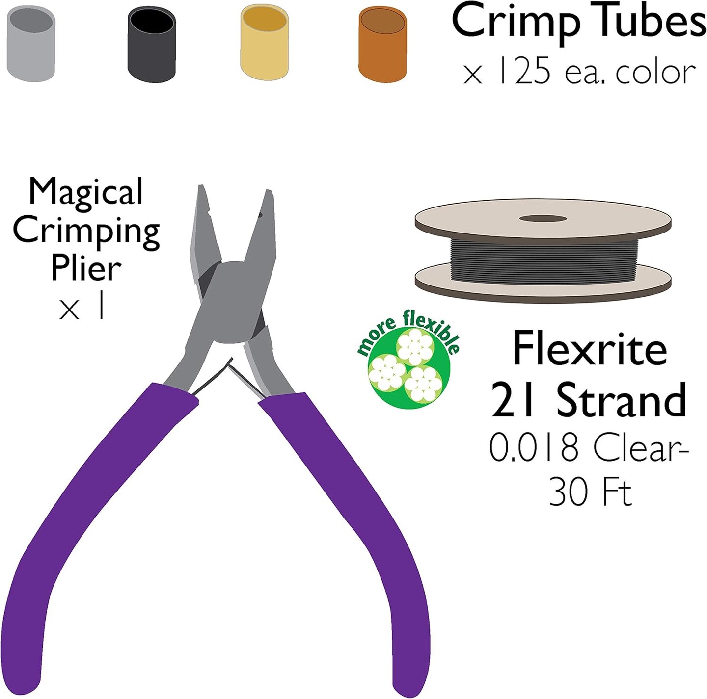 The Beadsmith Magical Crimper Kit - Includes Crimp Forming Pliers, 500 2x2 mm Crimp Tubes in Assorted Colors, and 21-Strand Flex-Rite Wire