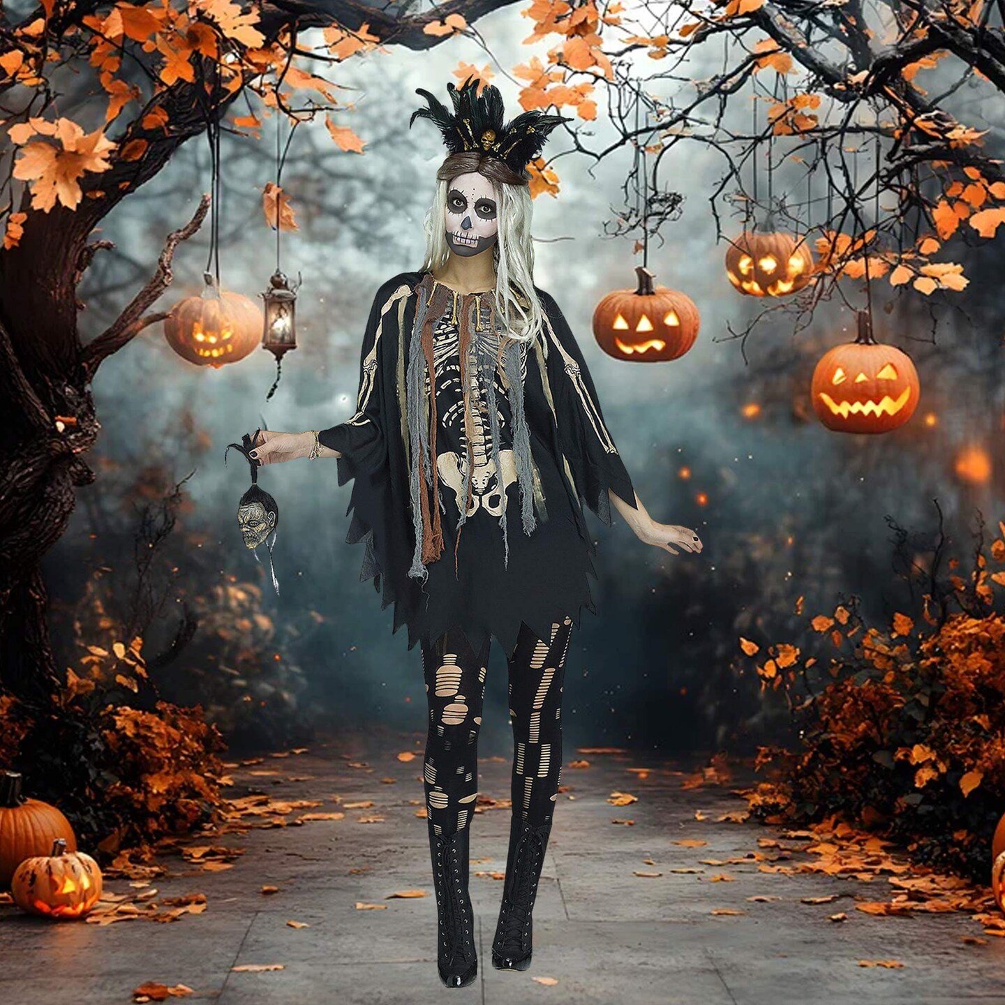 Spooky Voodoo Skeleton Poncho Costume