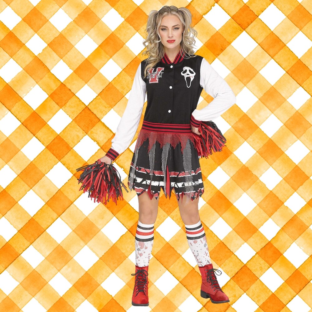 Scream for the Team Cheerleader Costume Adult Medium Large Halloween Varsity Dress Ghost Face Socks Pom Poms