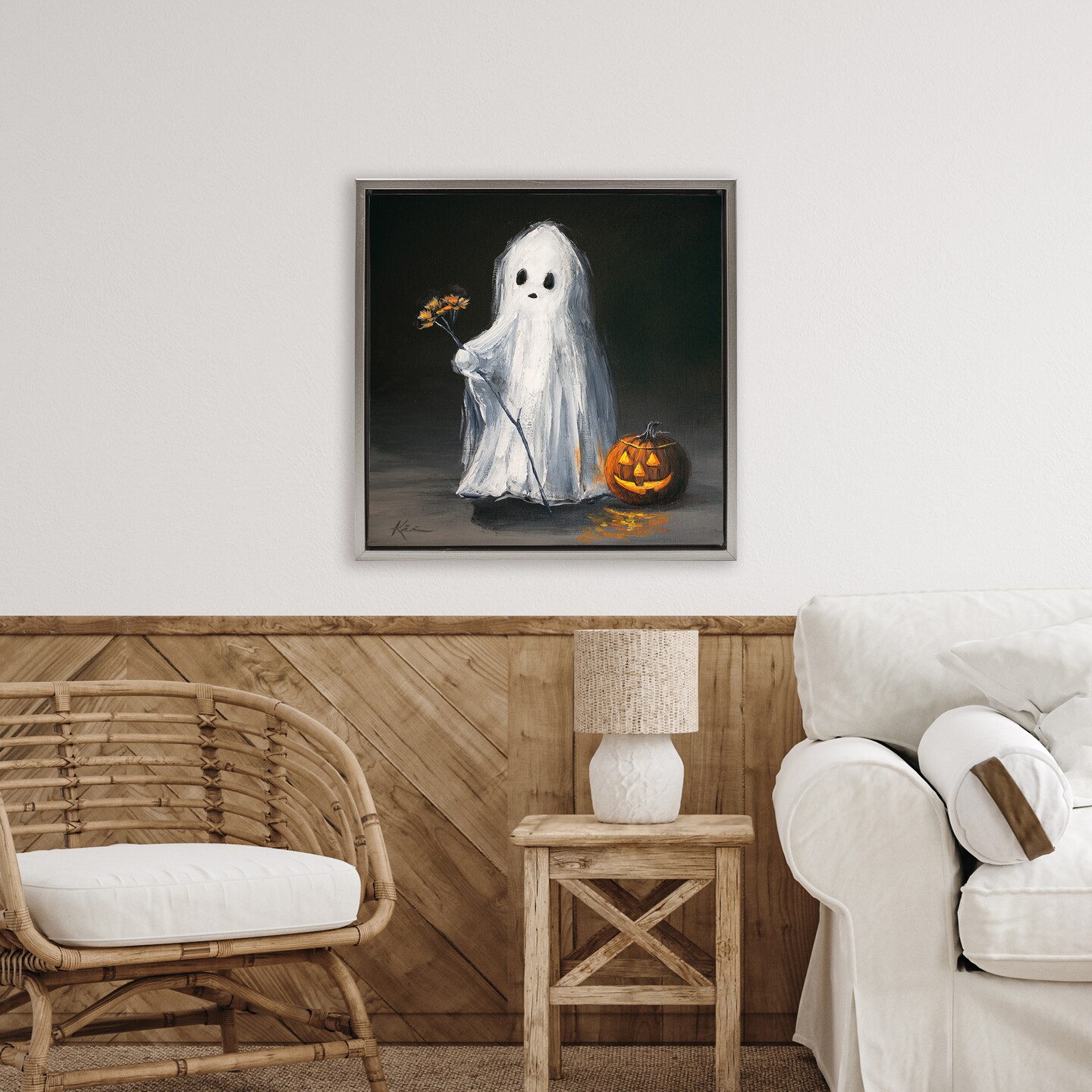 Stupell Industries Vintage Halloween Ghost & Pumpkin Floating
