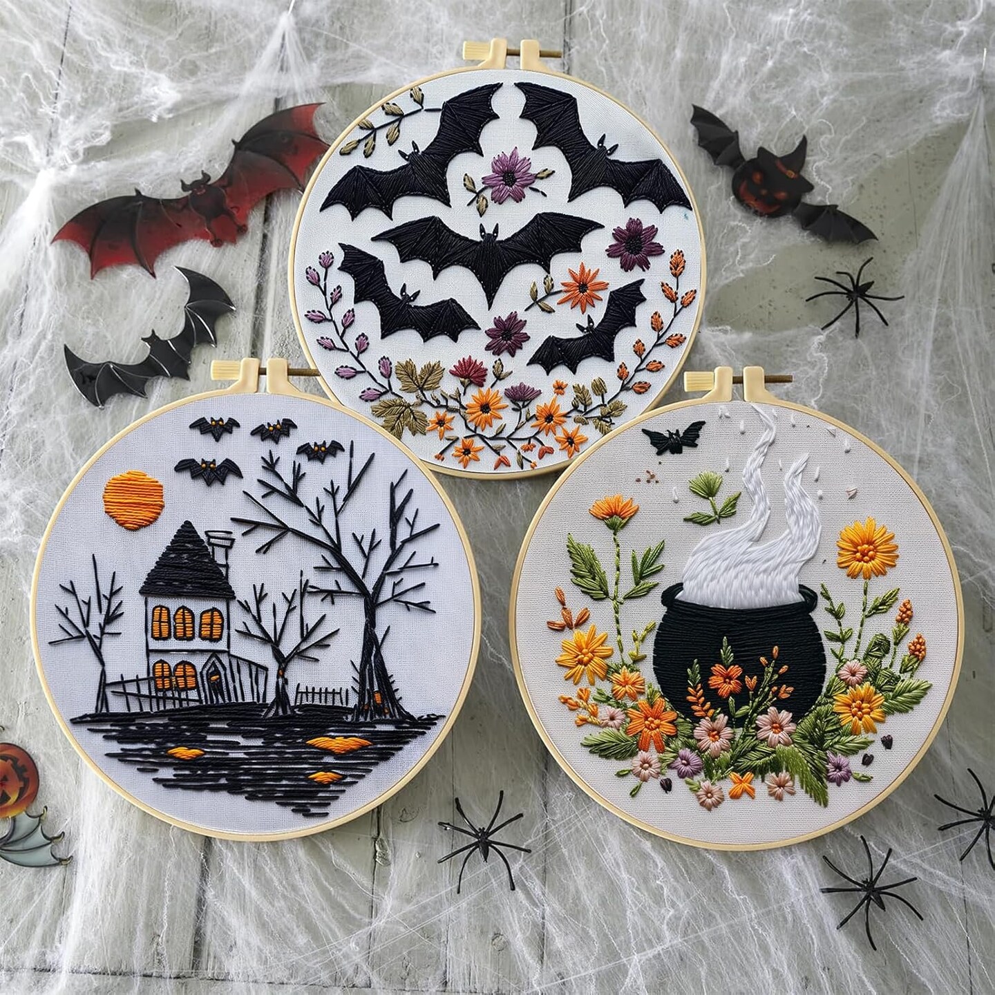 Halloween Embroidery Kit, Halloween Cross Stitch Kit, 4 Set, Adults, Unisex, 6 Inch, Non-Foldable
