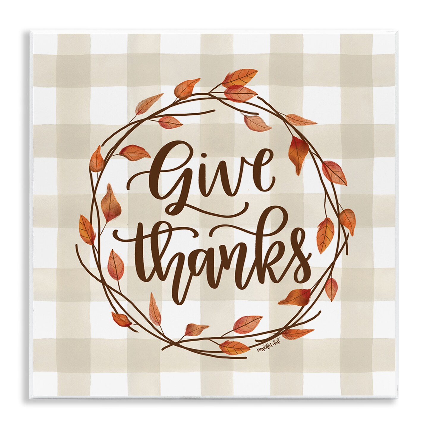 Give Thanks Neutral Plaid Autumn Leaves Wreath Wall Plaque Art