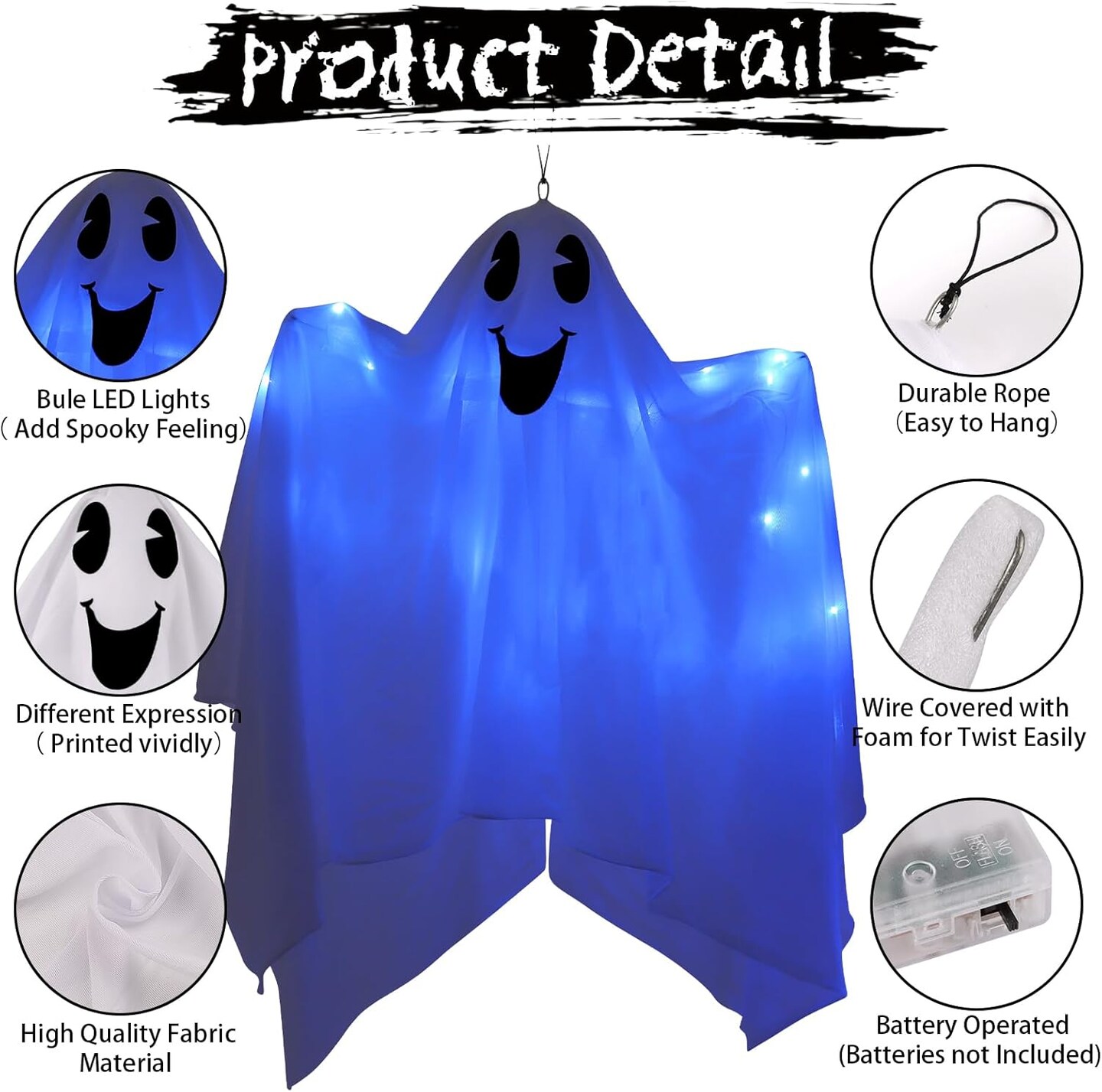 4 Pack Halloween Hanging Ghosts with Blue Lights - 27.5&#x22;