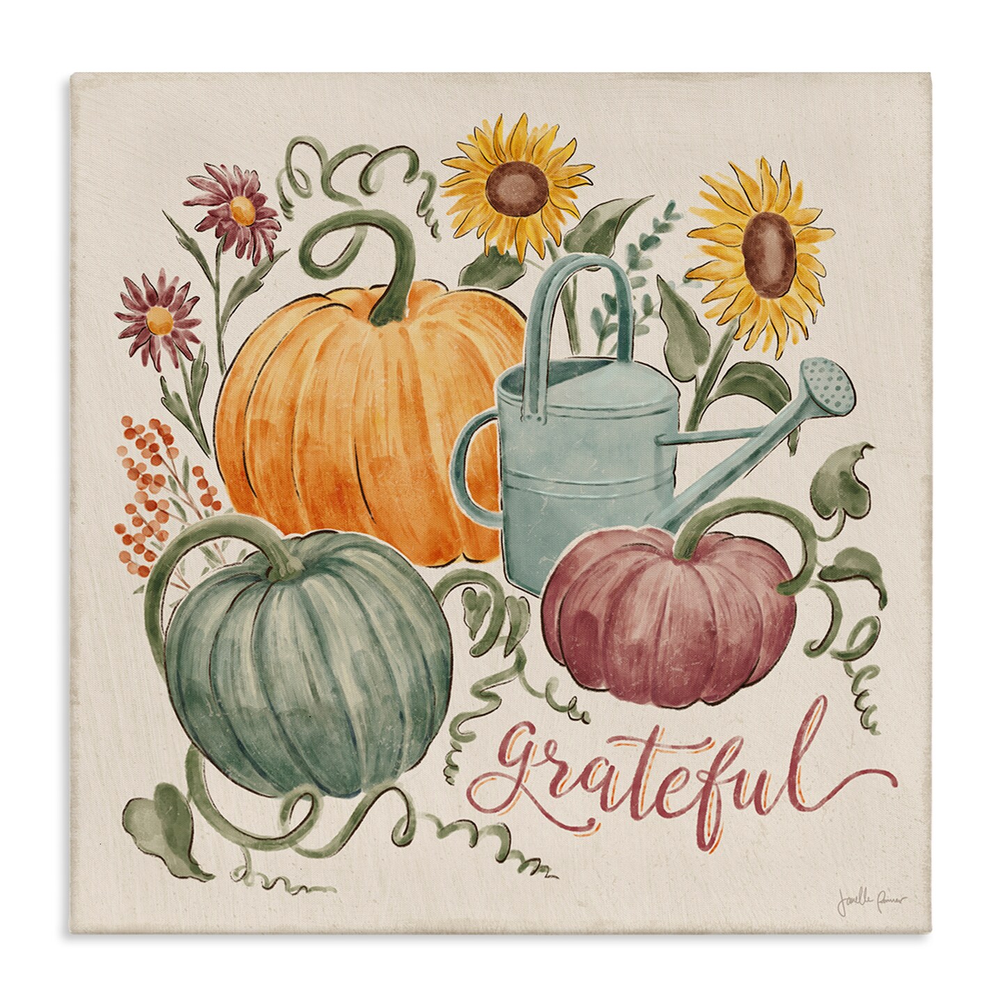Grateful Script Warm Pumpkins Autumn Plants Sunflowers Canvas Art