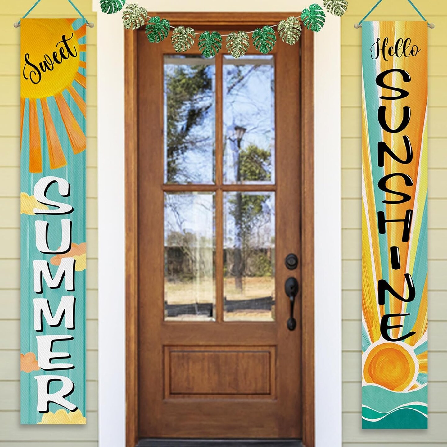 Sweet Summer Boho Sun Porch Banner Sign, Hello Sunshine Sunrise Cloud Bohemian Front Door Decorative Hanging Banner Flag, Yellow Teal Seasonal Decoration Home Outdoor Decor