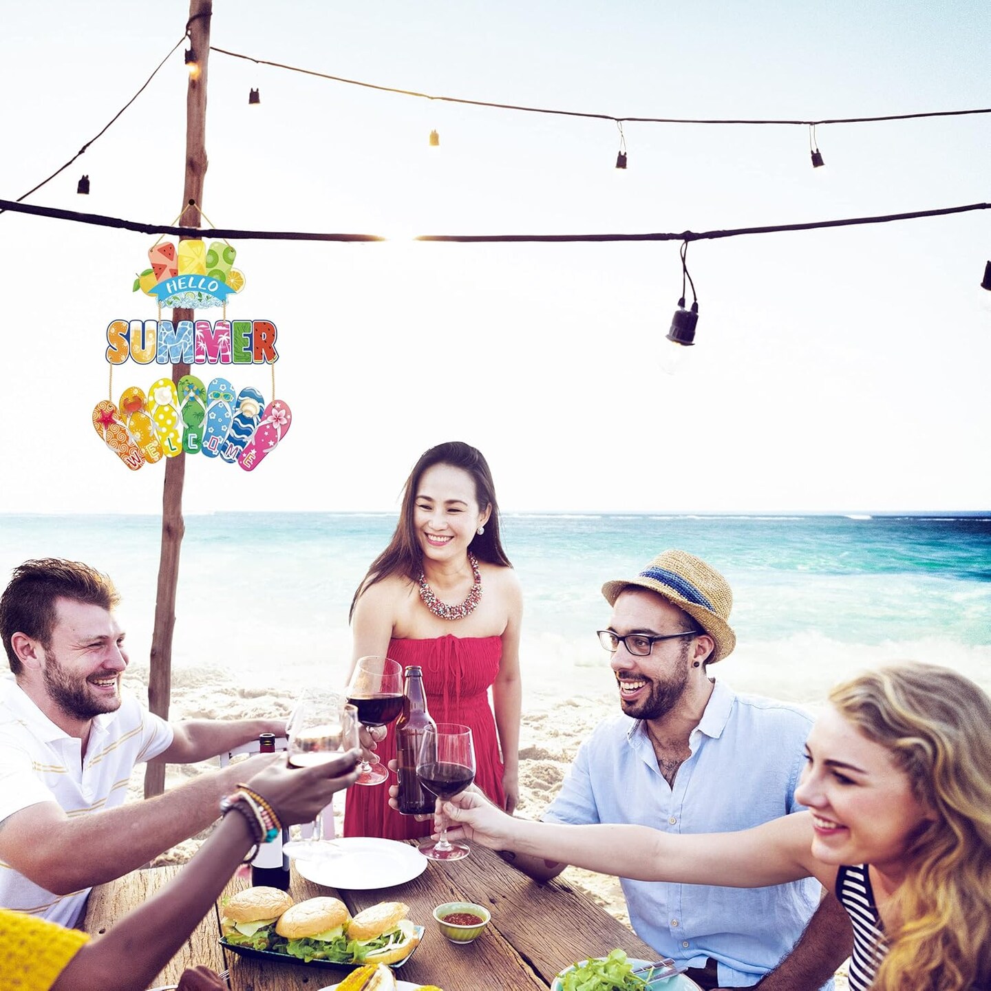 Hanging Sign - Hello Summer, Rustic Wood Wreath with Flip Flop Door Decor, Ice Lolly Slippers, Perfect for Beach, Outdoor, 13.7 x 7.0 inches