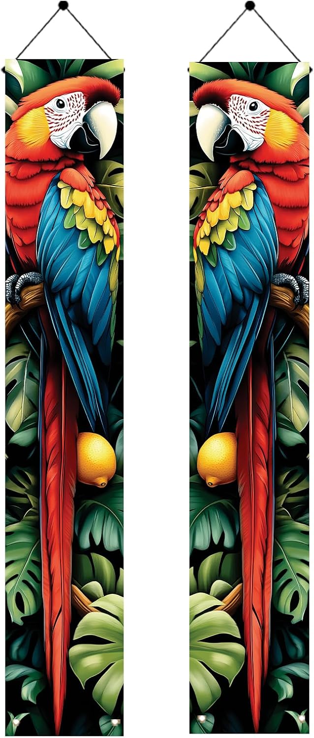 Tropical Parrot Porch Banners 71x12 Inch Summer Luau Party Decorations Colorful Macaw Hanging Door Signs Jungle Leaves Citrus Fruits Outdoor Patio Welcome Banner for Home Decor