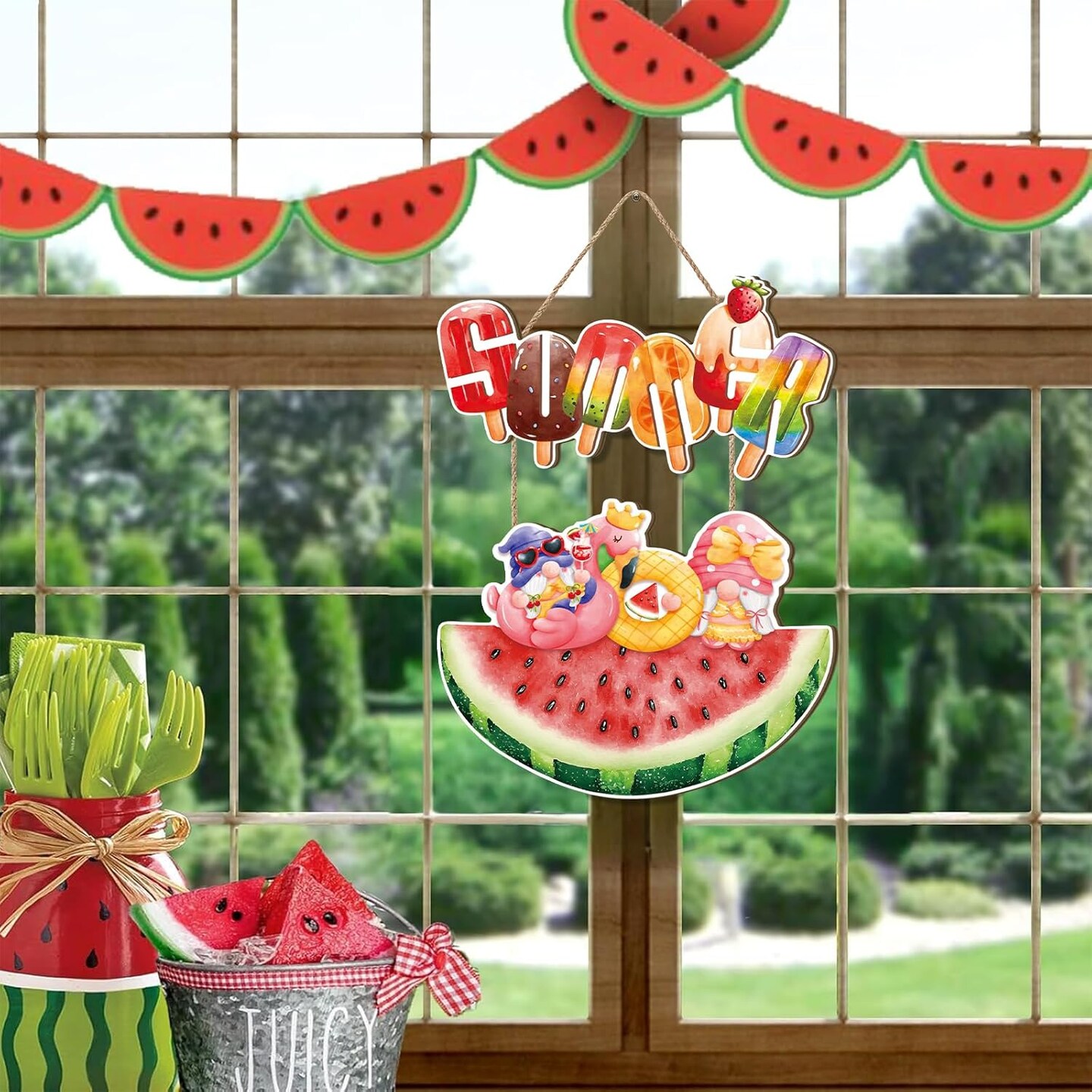 Hello Summer Door Sign,Watermelon Door Hanger,Summer Welcome Wood Decor,Watermelon Gnome Hanging Decor,Popsicle Ice Lolly Ice Cream Wall Plaque for Outdoor Home Office Yard Porch Pool Party