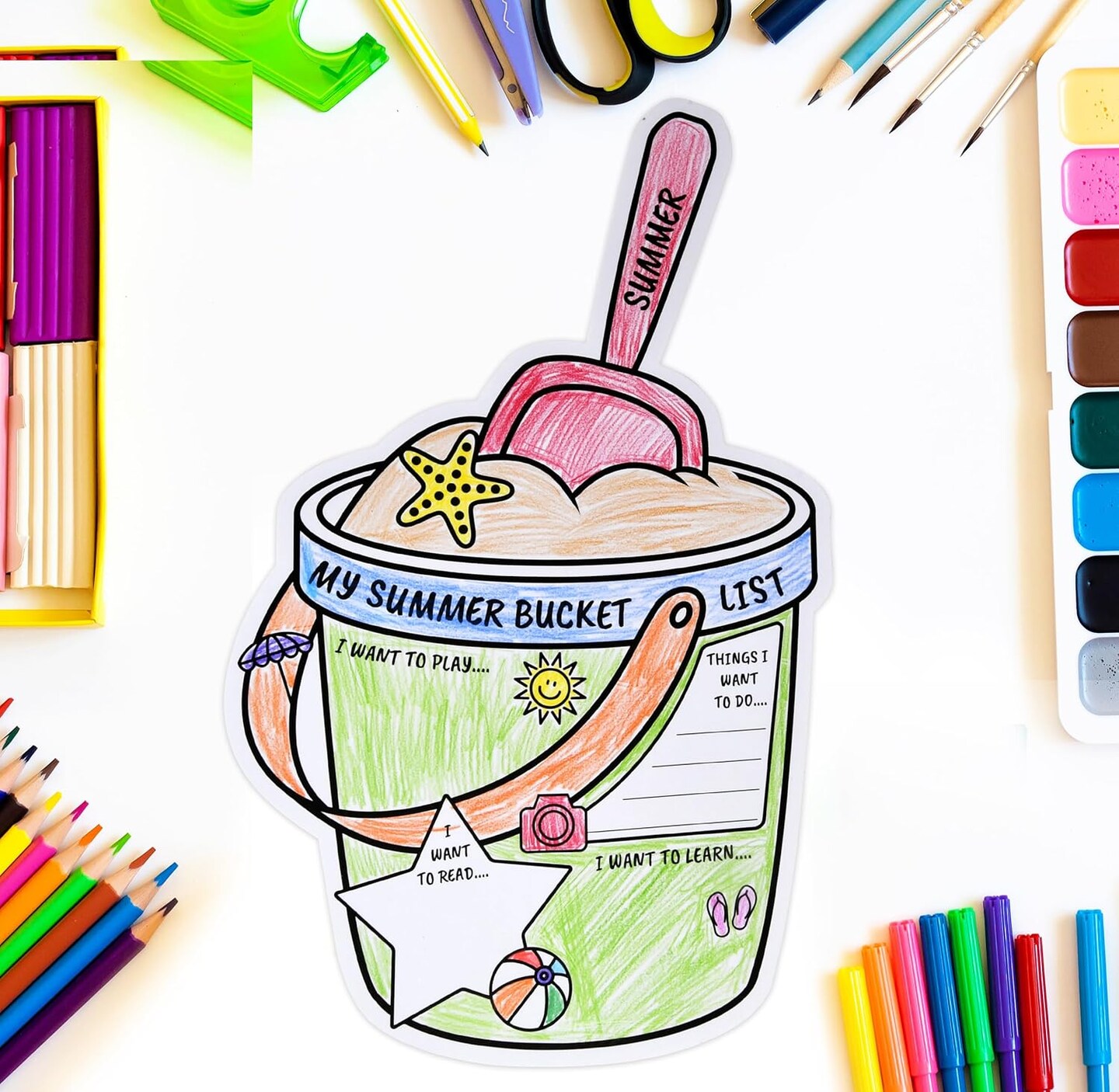 50 Pcs My Summer Bucket List Activity Poster for Kids Color Your Own Vacation Break Ideas Checklist Coloring Sign