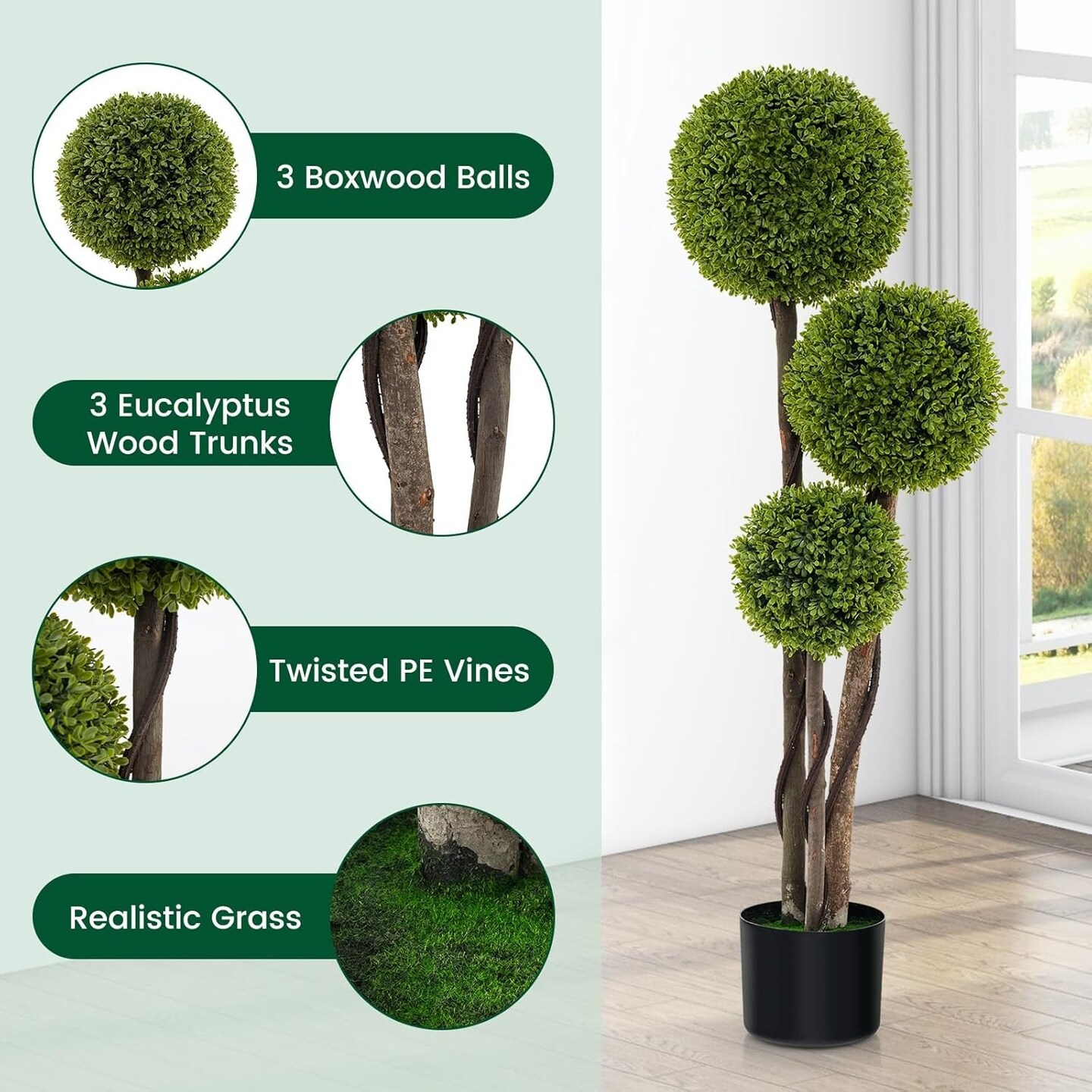 Artificial Three-Ball Boxwood Tree Plant Decor