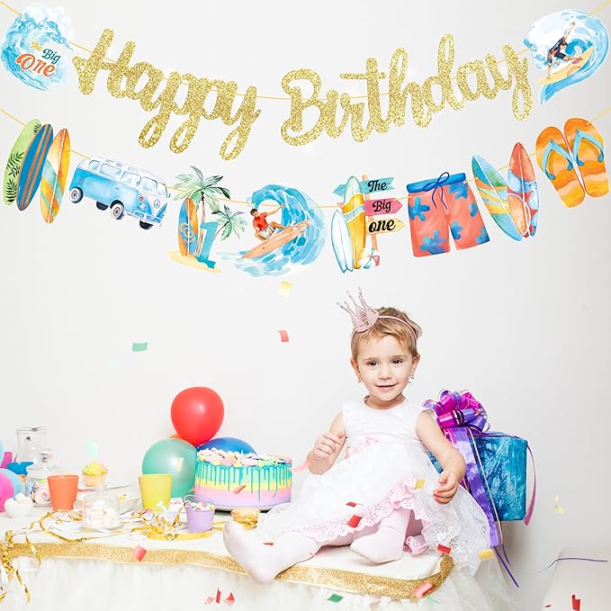 Surfing Happy Birthday Banners Glitter Summer Surfing Birthday Party Decoration Vintage Surfing Surfboard Banners for Summer Hawaii Beach Decorations The Big One Surf Party Supplies