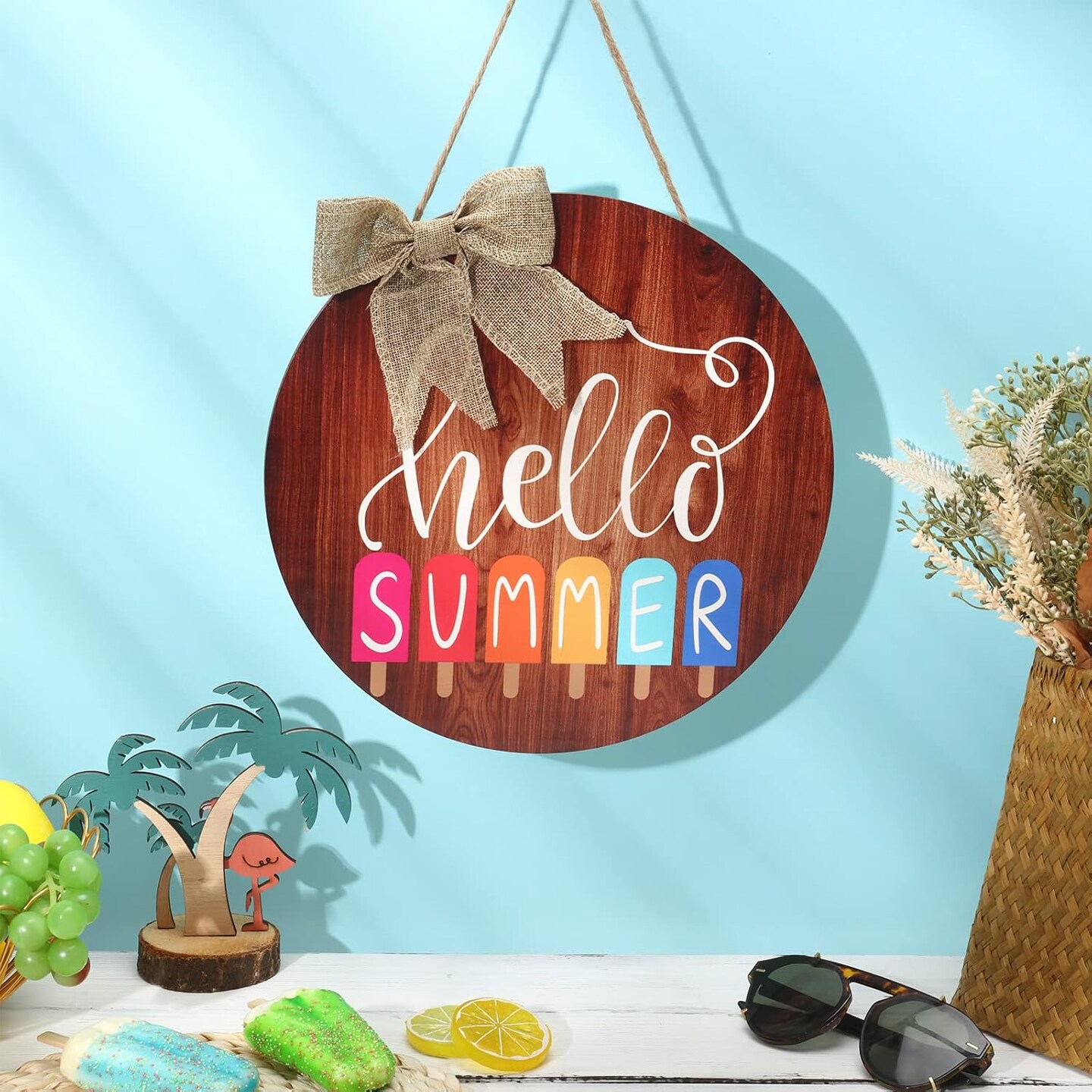Hello Summer Sign 12 x 12 Inch Summer Welcome Sign Front Door Decor Farmhouse Porch Decoration Round Wooden Hanging Sign for Home Beach Restaurant Shop