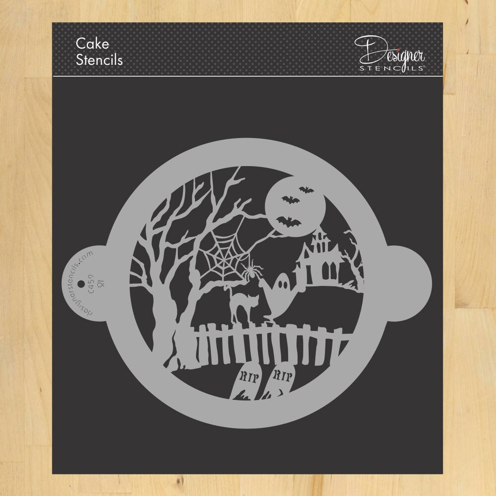 Halloween Fright Cake Stencil Top | C459 by Designer Stencils | Cake Decorating Tools | Baking Stencils for Royal Icing, Airbrush, Dusting Powder | Reusable Plastic Food Grade Stencil for Cakes | Easy to Use &#x26; Clean Cake Stencil