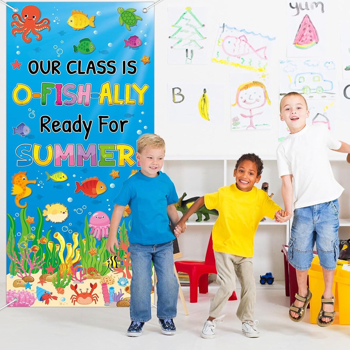 Summer Classroom Door Cover Decoration Our Class Is O-Fish-Ally Ready for Summer Door Banner Ocean Animal Porch Backdrop Sign for School Indoor Outdoor Wall Window Decor Teacher Supplies