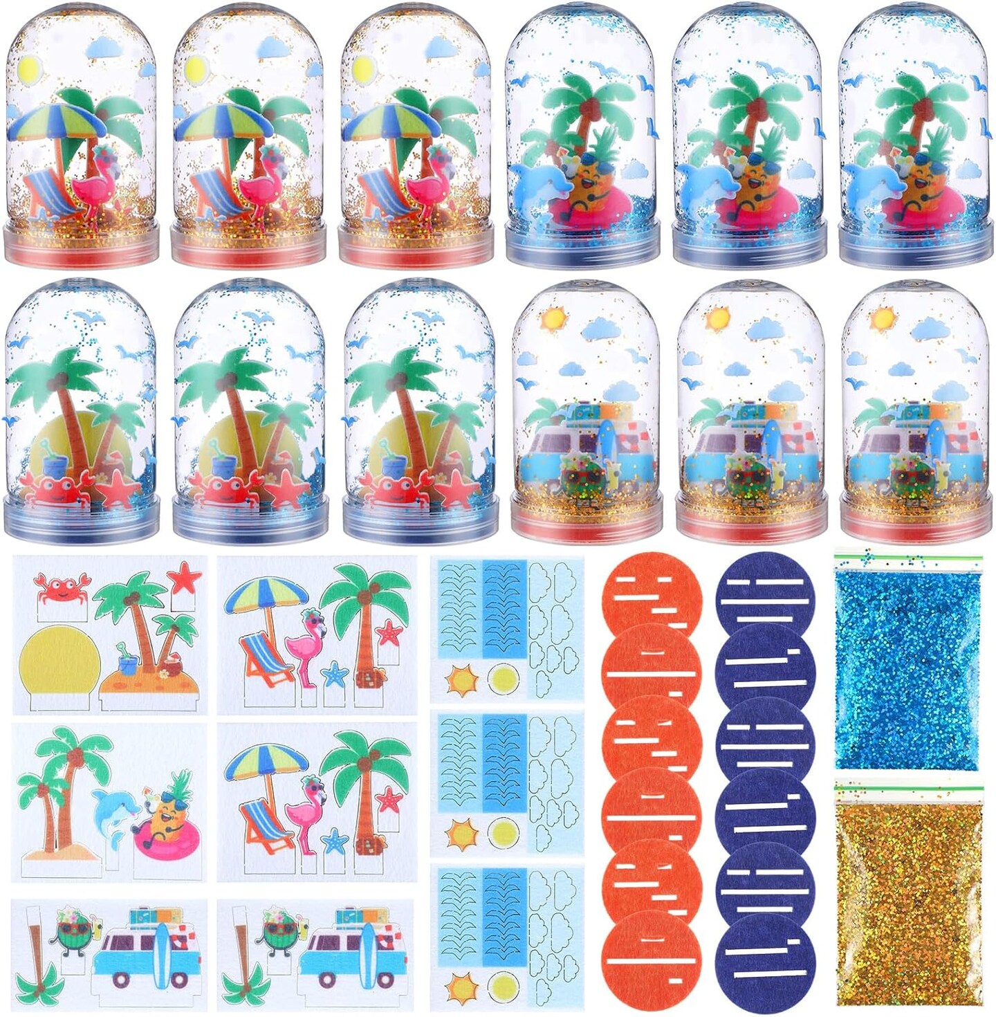 12 Set Summer Snow Globe Craft Kit for Kids Make Your Own Snowball Summer Bunny Umbrella Bee Glitter Plastic DIY Snow Globe