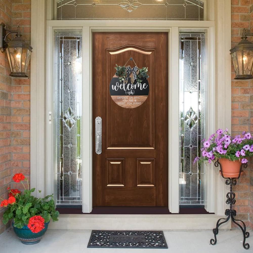 Welcome Sign Front for Door Decoration, 12 in Round Wood Wreaths Wall Hanging Outdoor, Farmhouse, Porch, for Summer Fall All Seasons Holiday Christmas